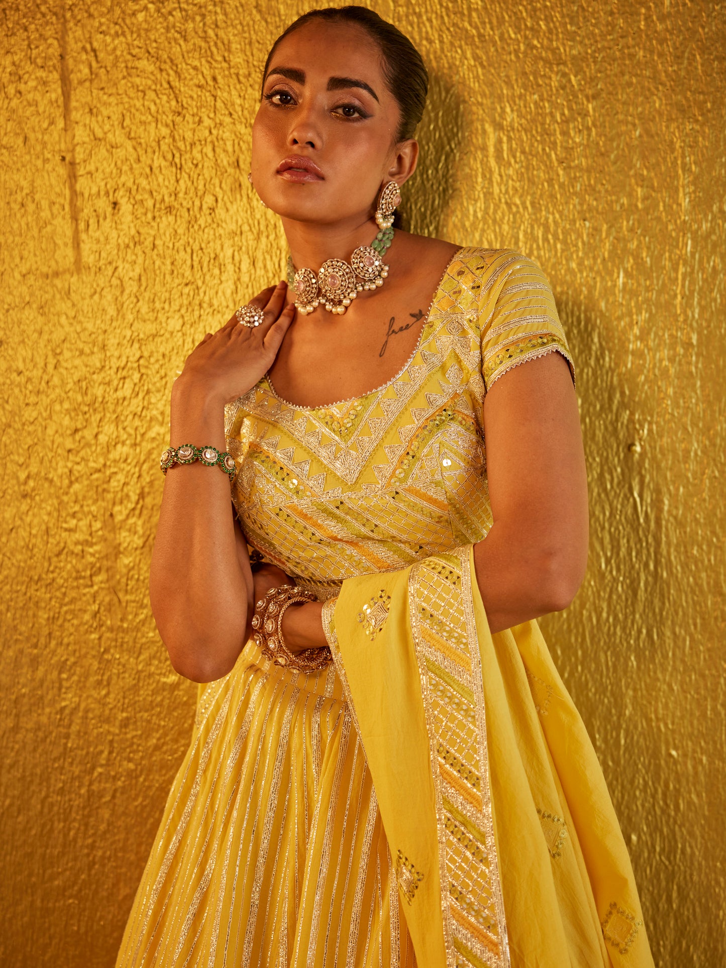 YELLOW GOTA WORK LEHENGA SET