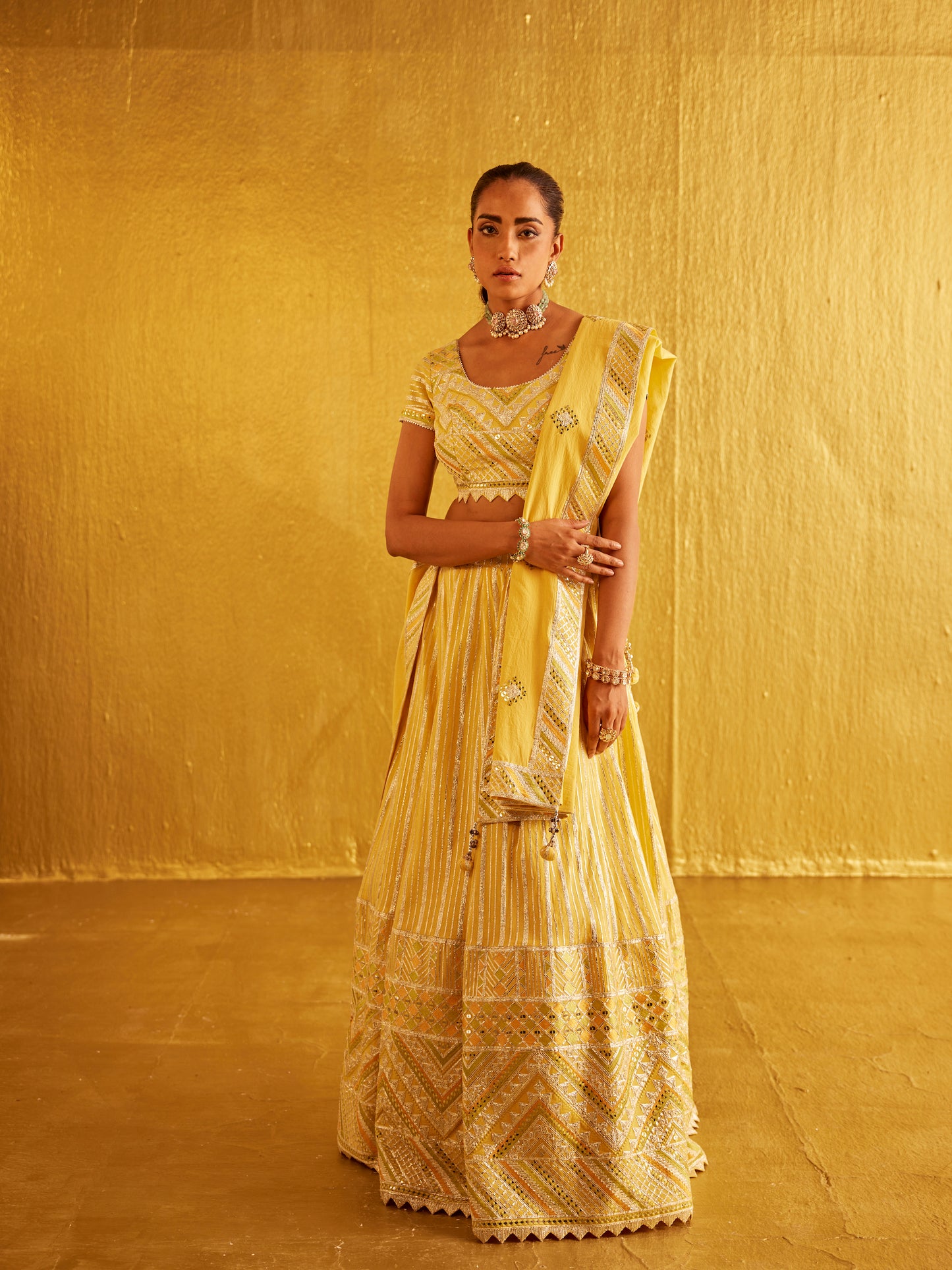 YELLOW GOTA WORK LEHENGA SET