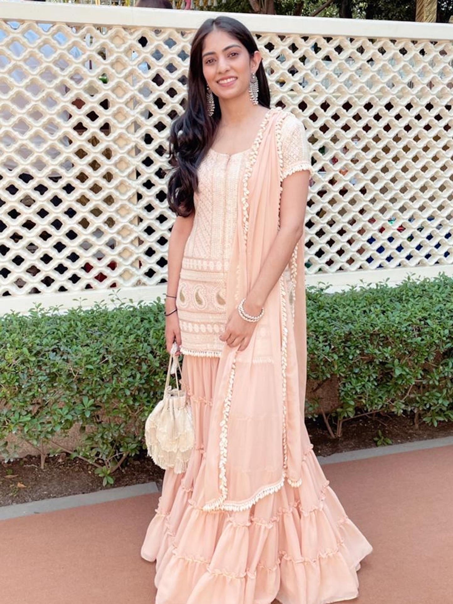 PEACH CHIKANKARI (SHELLS) FRILL SHARARA SET