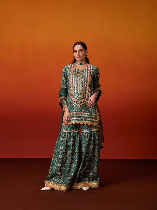 GREEN PATOLA SHARARA SET