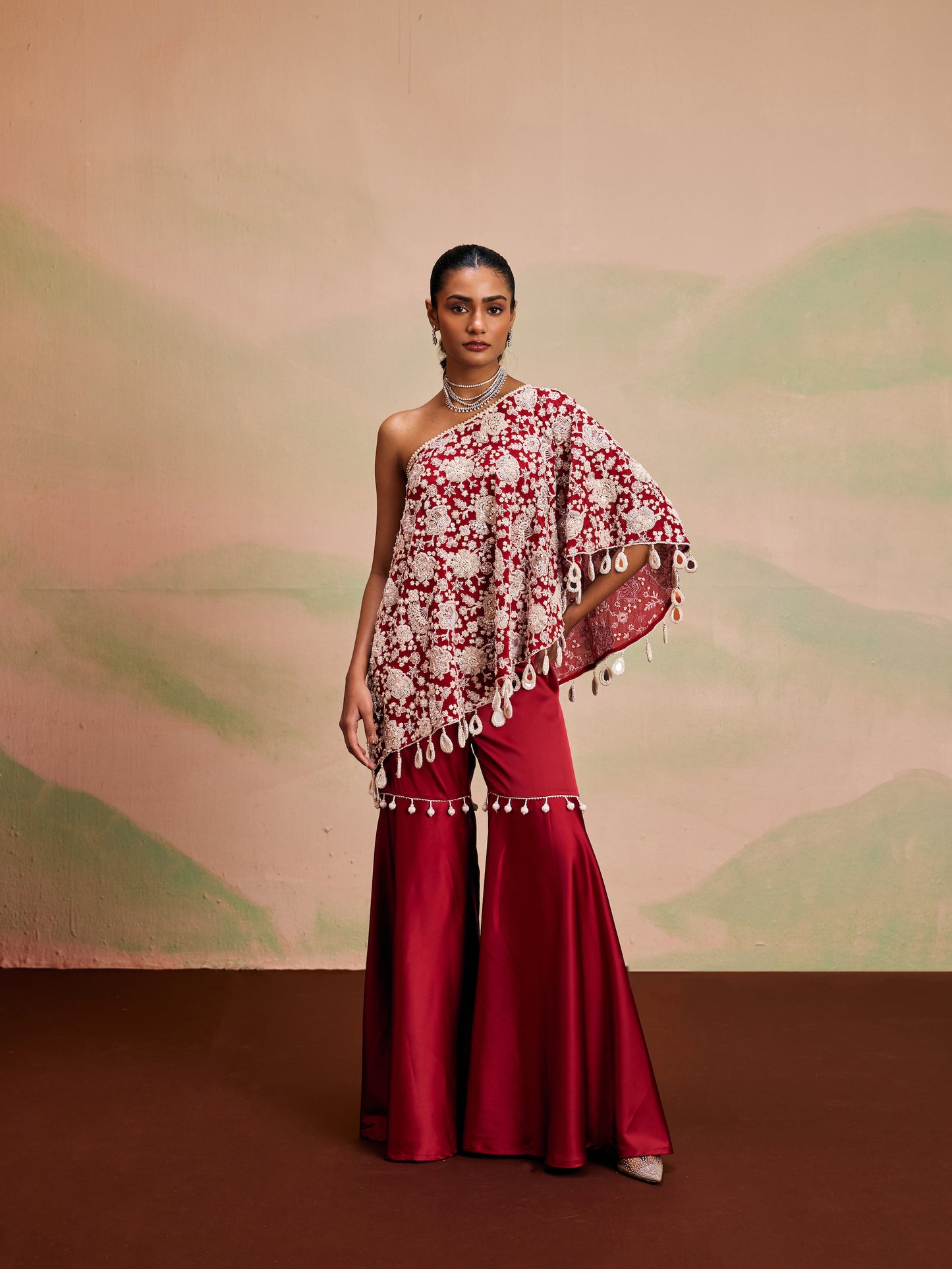 RED PEARL WORK OFF SHOULDER CAPE SET