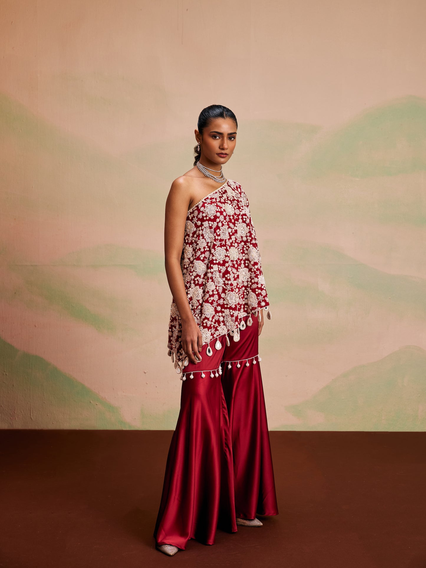 RED PEARL WORK OFF SHOULDER CAPE SET
