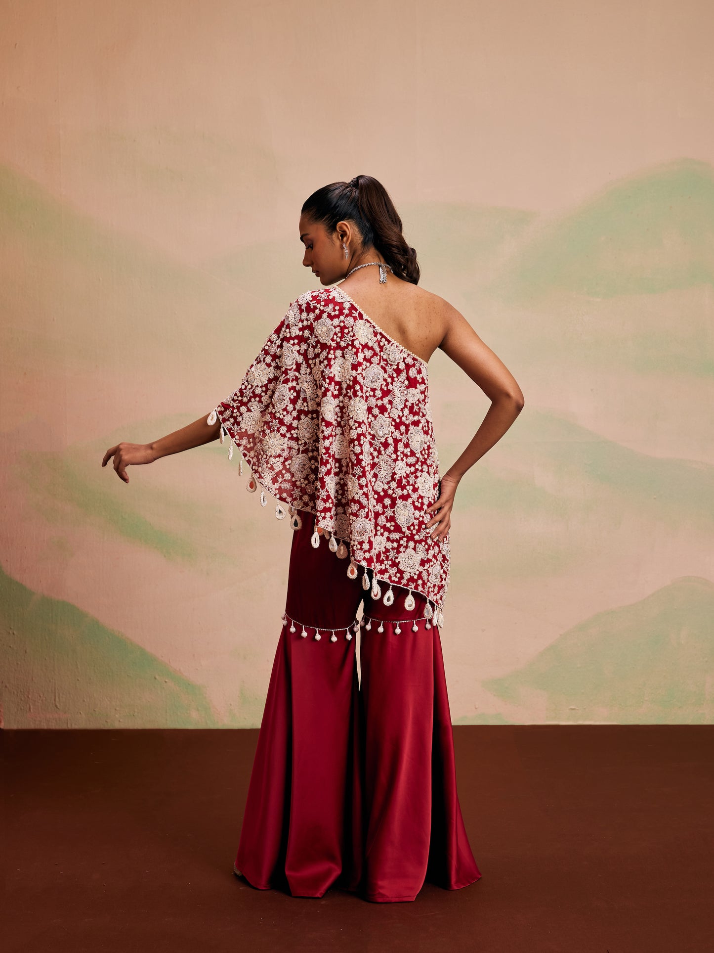 RED PEARL WORK OFF SHOULDER CAPE SET