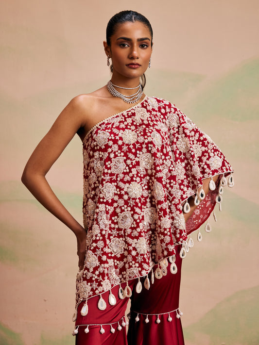 RED PEARL WORK OFF SHOULDER CAPE SET