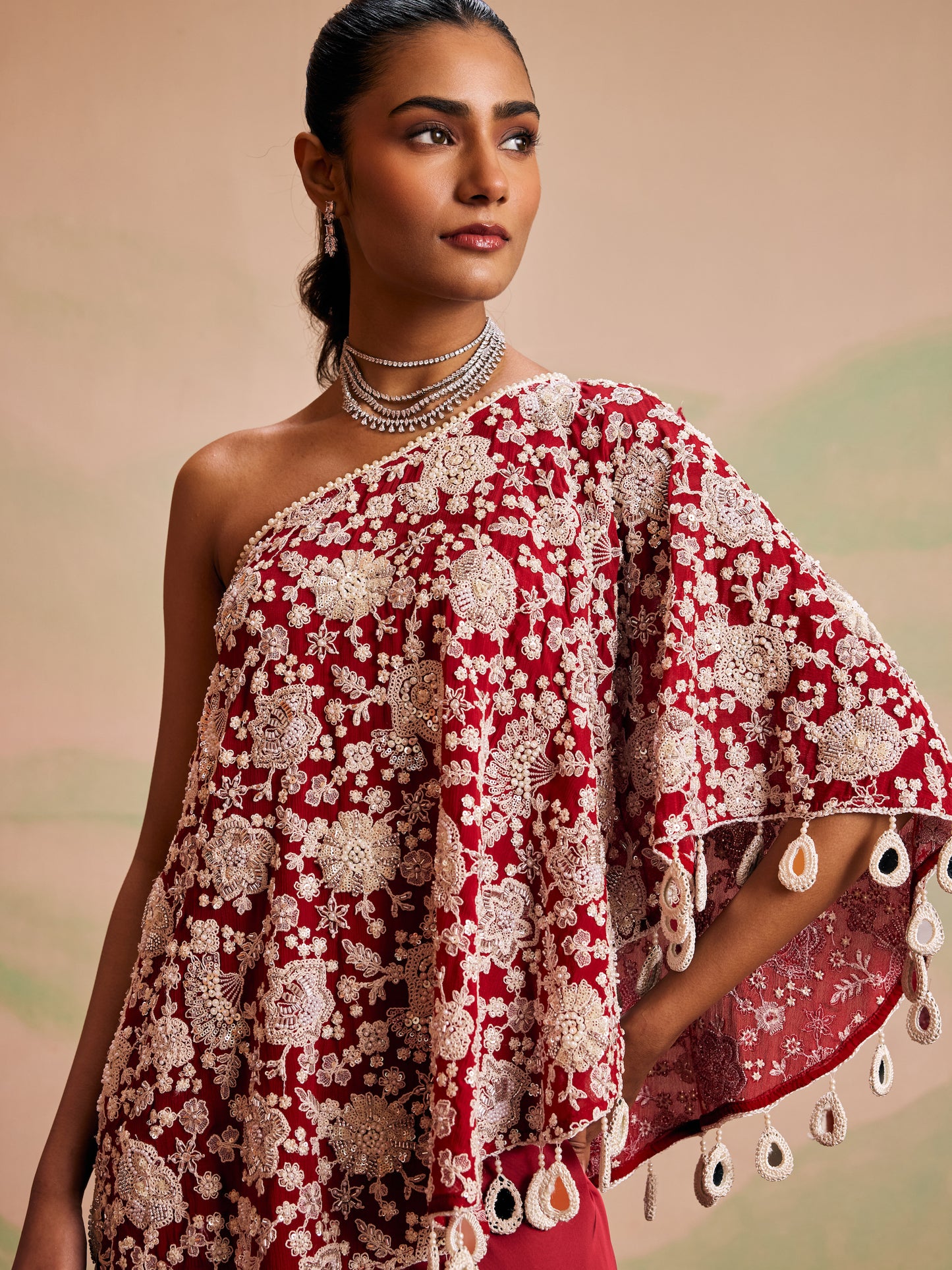 RED PEARL WORK OFF SHOULDER CAPE SET