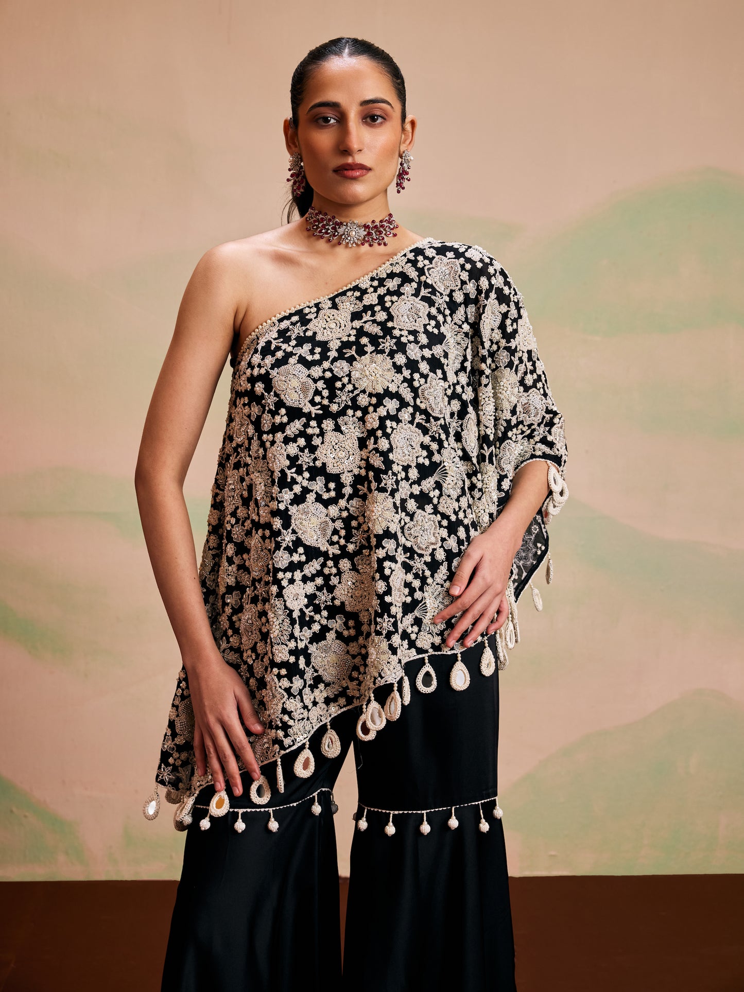 BLACK PEARL WORK OFF SHOULDER CAPE SET