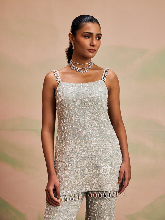 BLUE LUCKNAWI PEARL WORK COORD SET