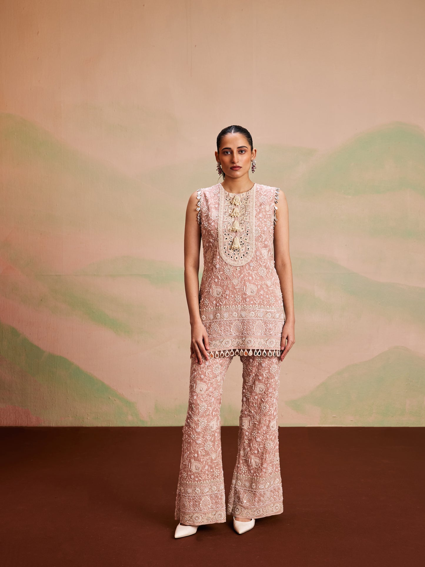 PINK LUCKNAWI PEARL WORK COORD SET