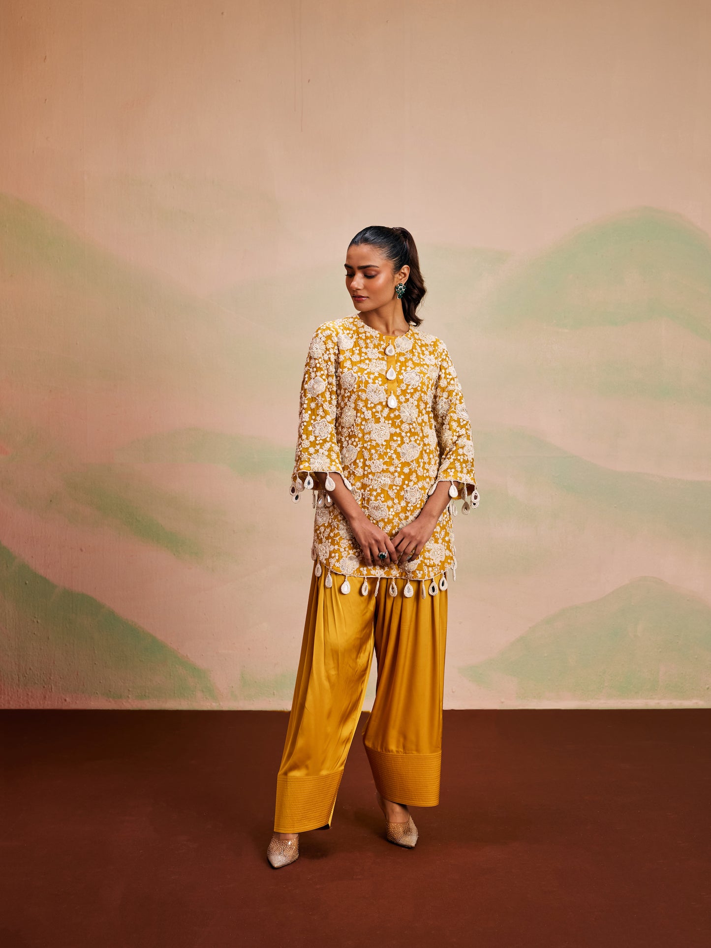 YELLOW PEARL WORK FARSHI SALWAR SET