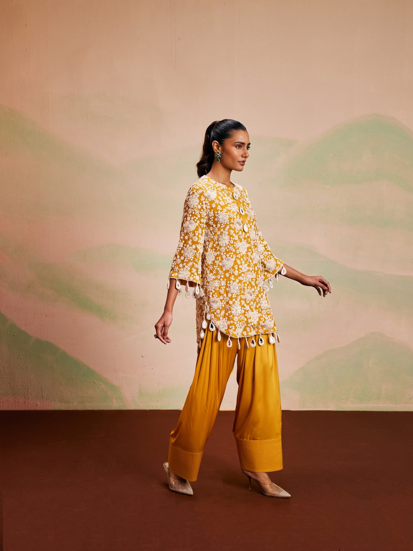 YELLOW PEARL WORK FARSHI SALWAR SET