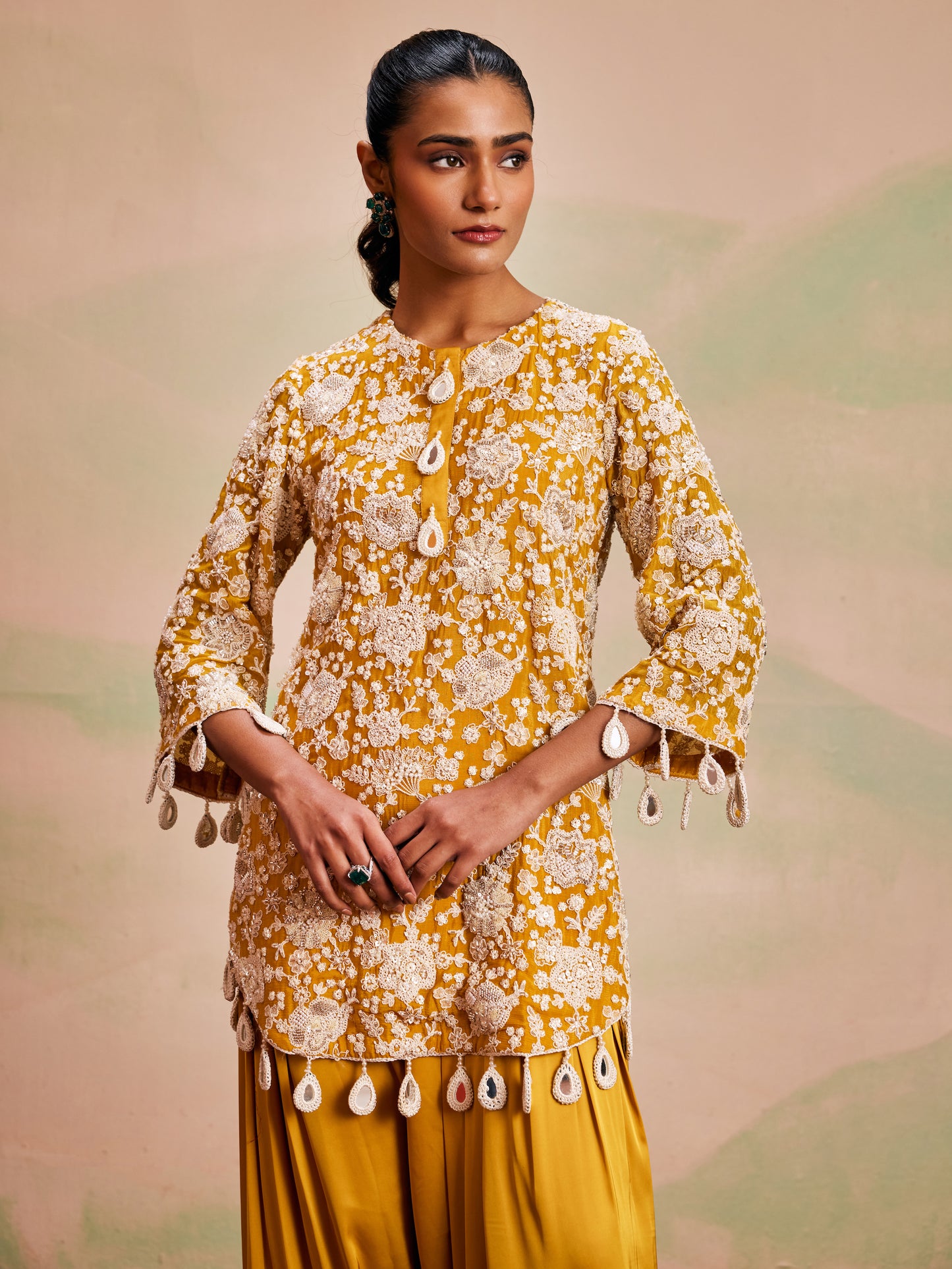 YELLOW PEARL WORK FARSHI SALWAR SET