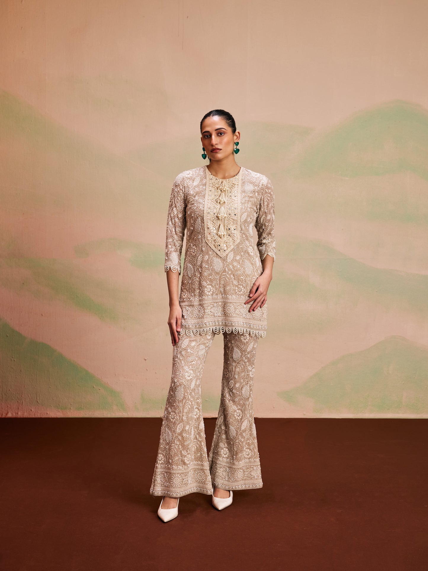 BEIGE LUCKNAWI PEARL WORK COORD SET