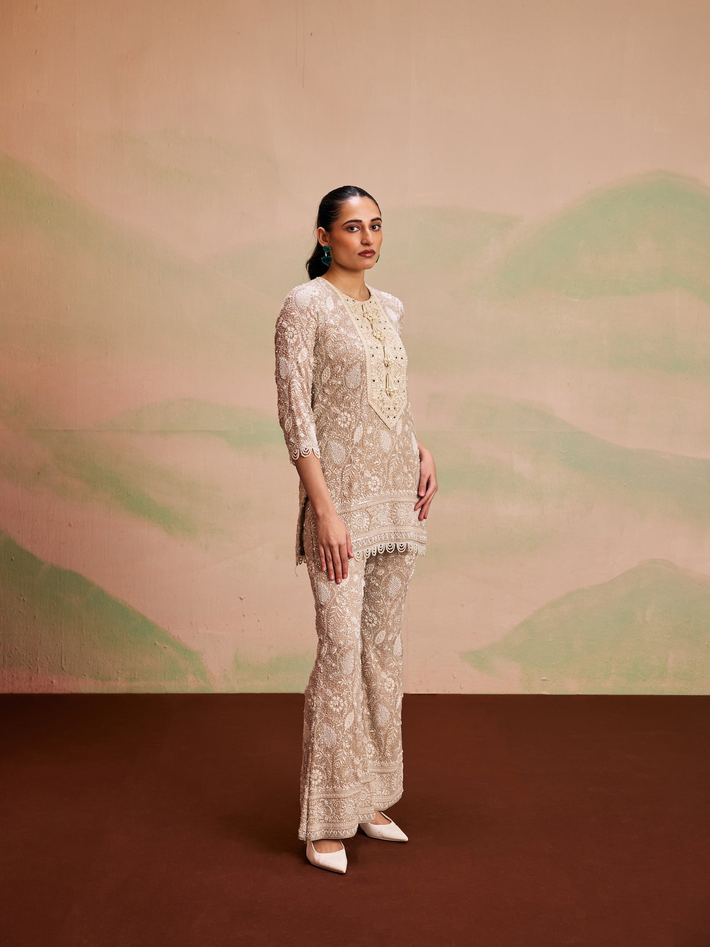 BEIGE LUCKNAWI PEARL WORK COORD SET