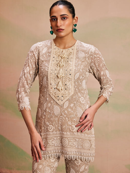 BEIGE LUCKNAWI PEARL WORK COORD SET
