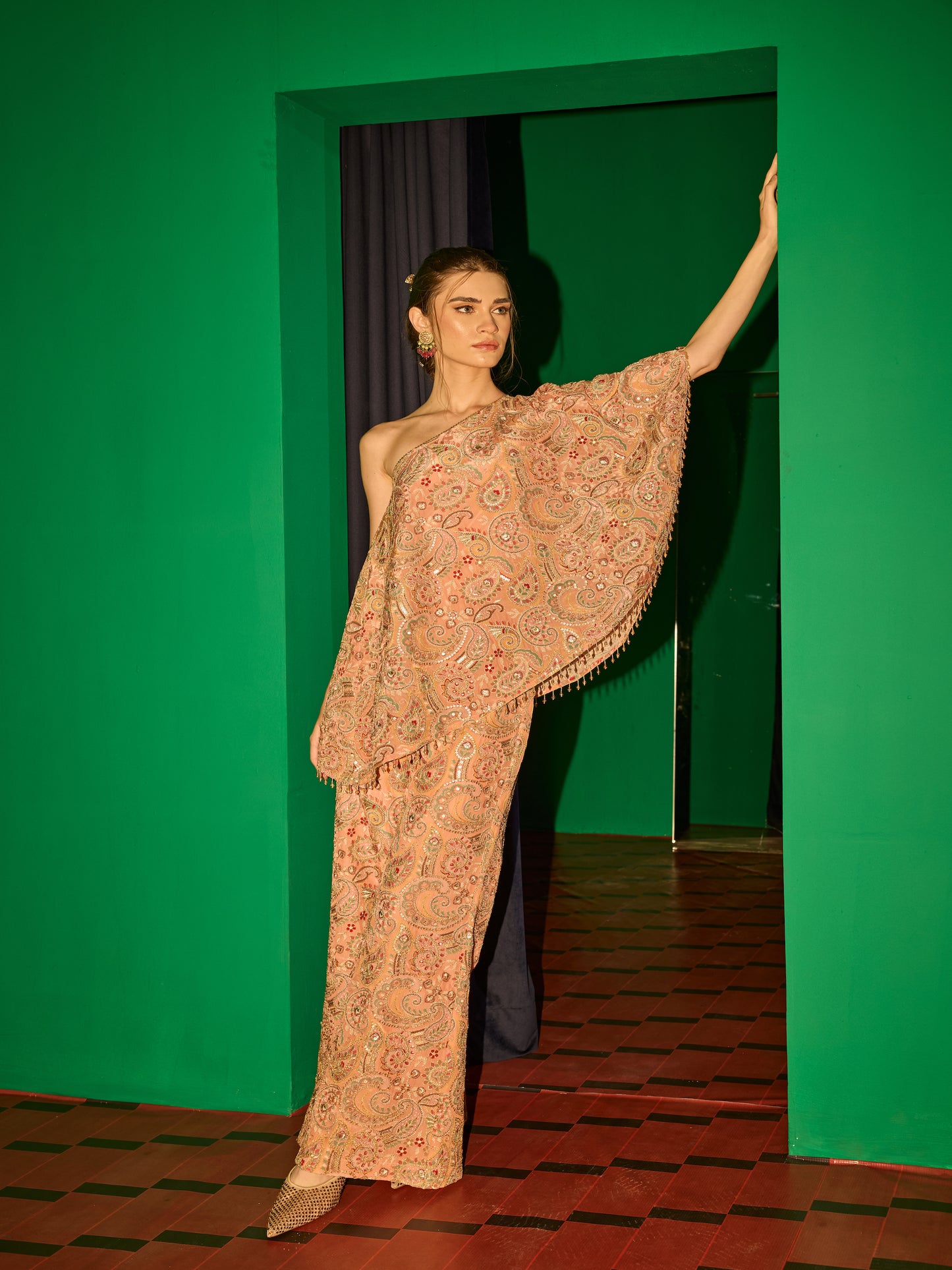 PEACH MULTI COLOR EMBROIDERED CAPE SET