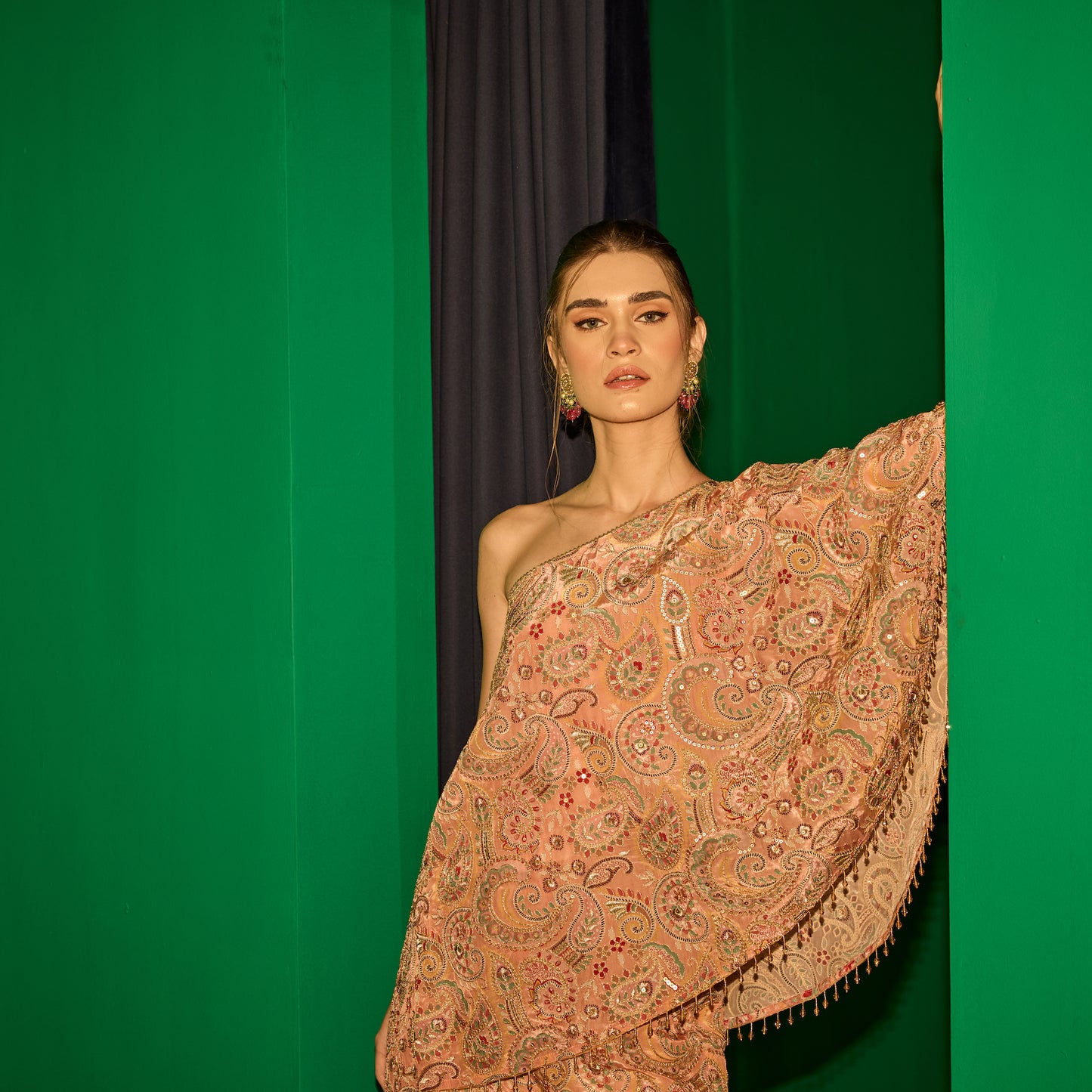 PEACH MULTI COLOR EMBROIDERED CAPE SET