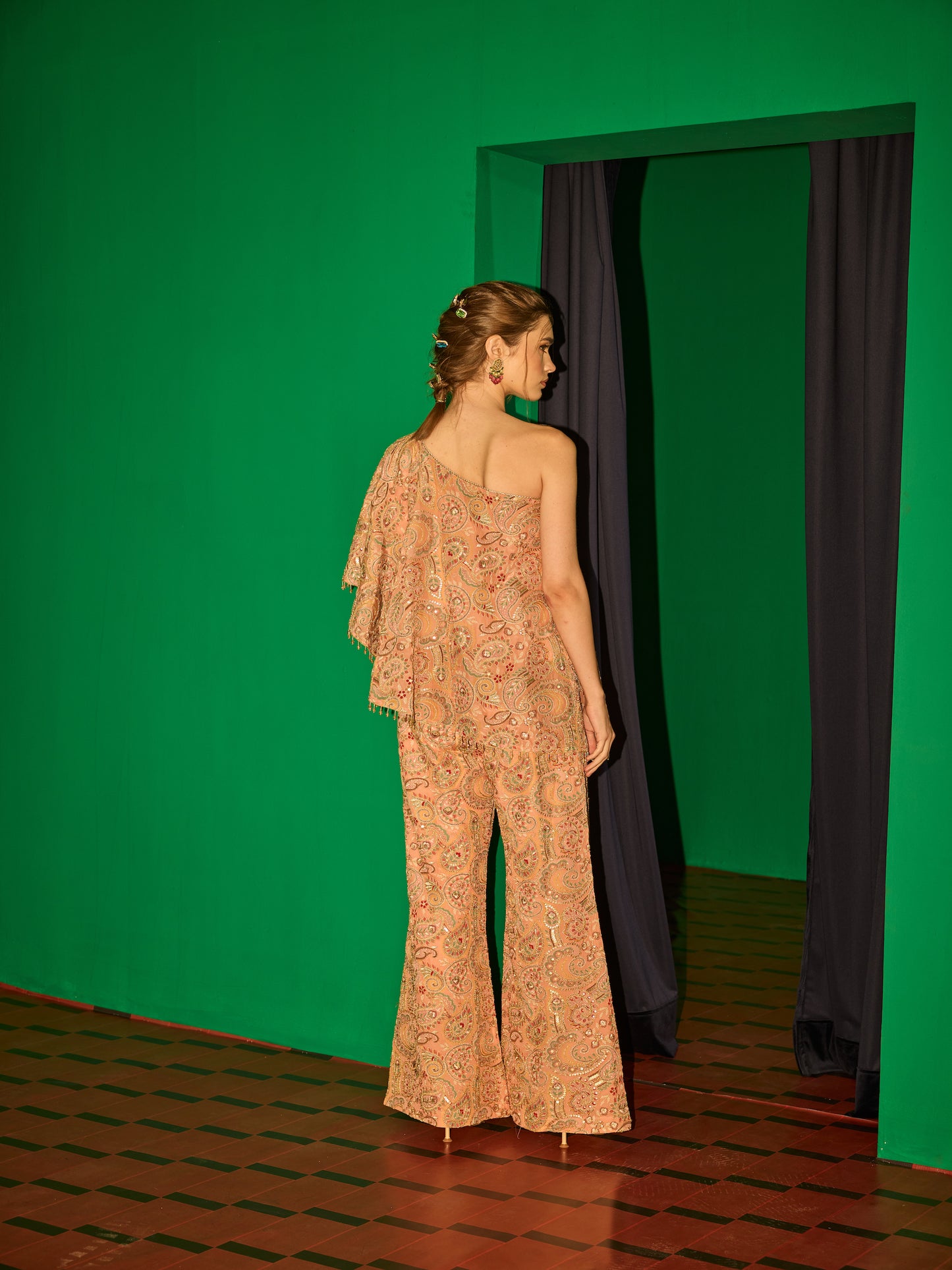 PEACH MULTI COLOR EMBROIDERED CAPE SET