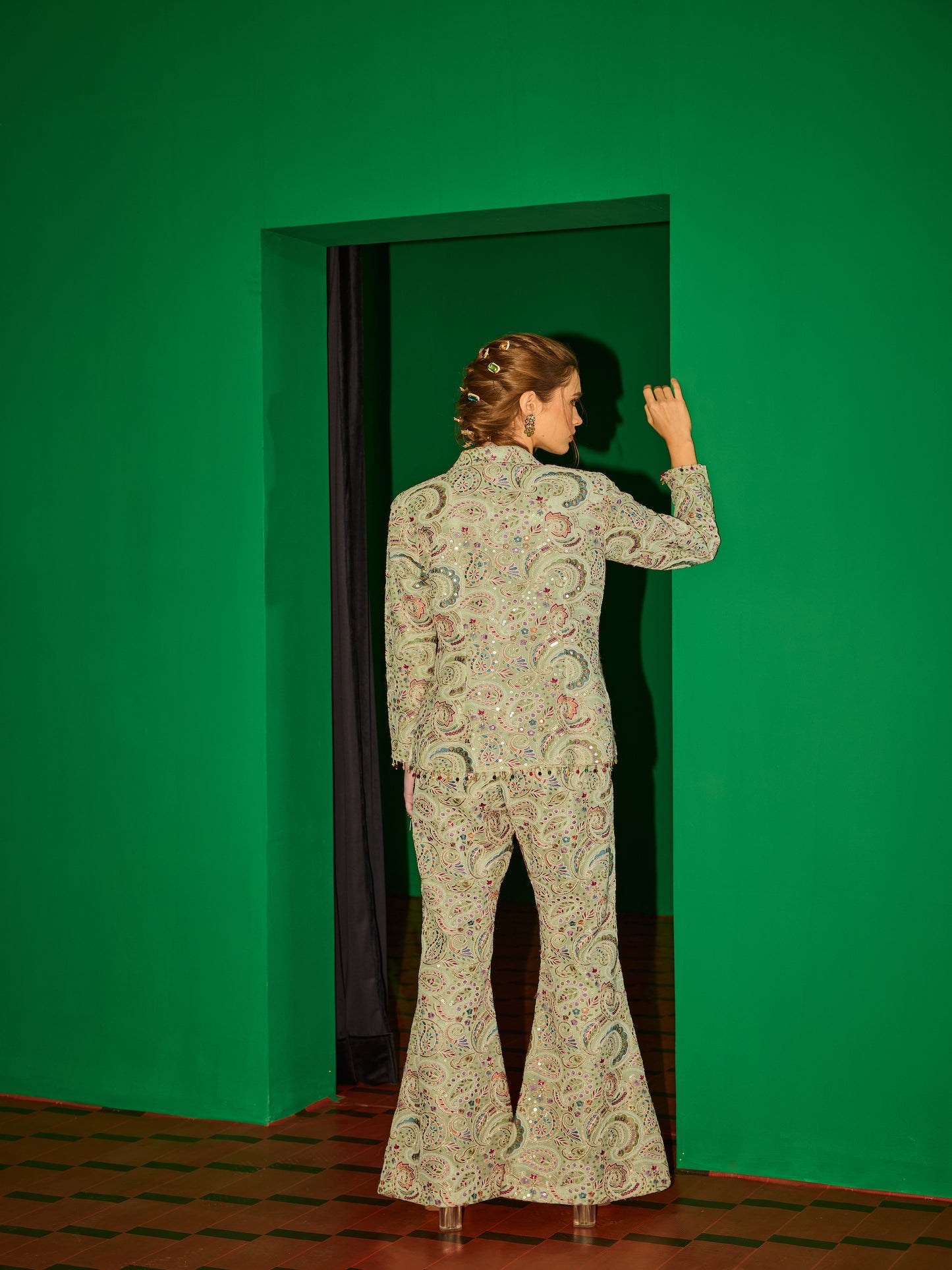 LIME GREEN MULTI COLOR EMBROIDERED BLAZER SET