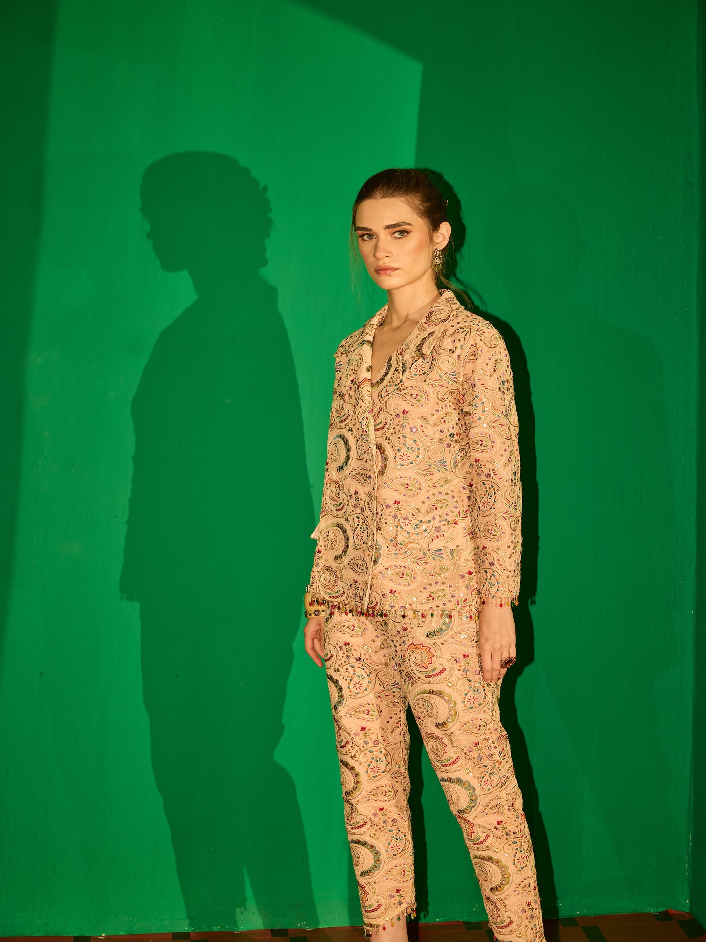 PEACH MULTI COLOR EMBROIDERED DOUBLE BREAST BLAZER SET