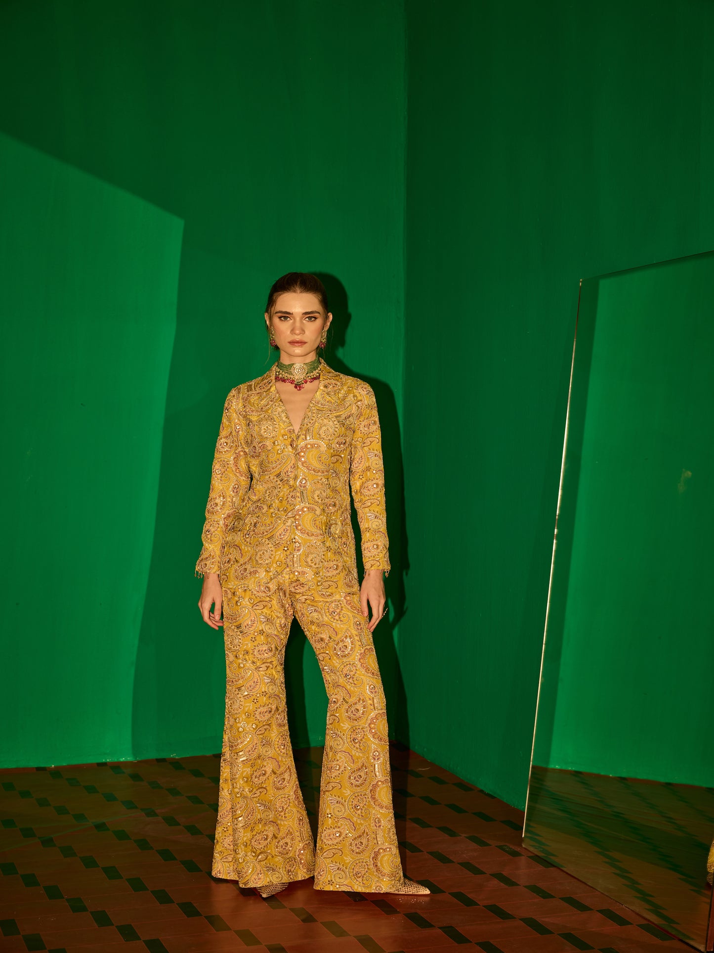 YELLOW MULTI COLOR EMBROIDERED BLAZER SET