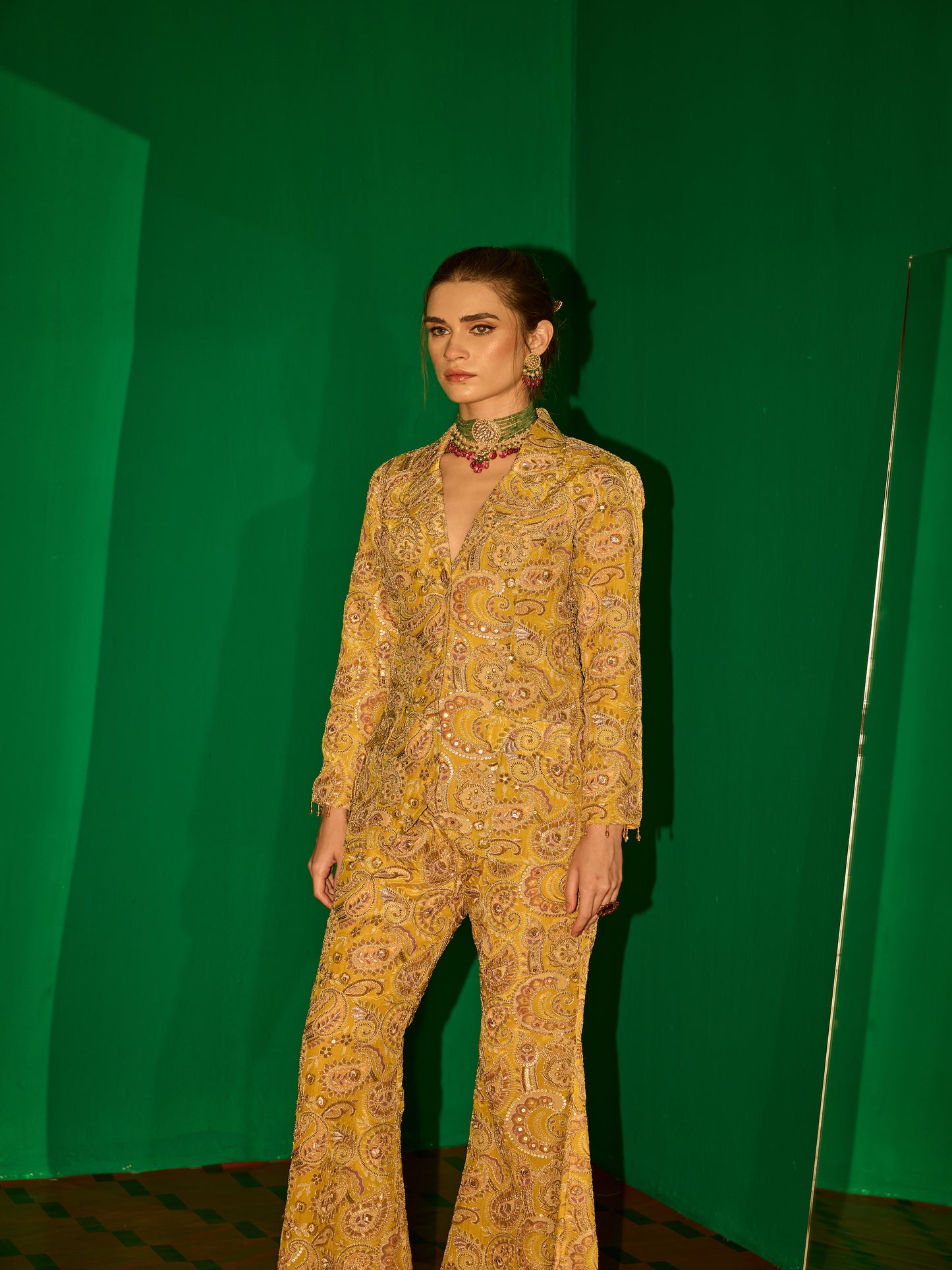 YELLOW MULTI COLOR EMBROIDERED BLAZER SET