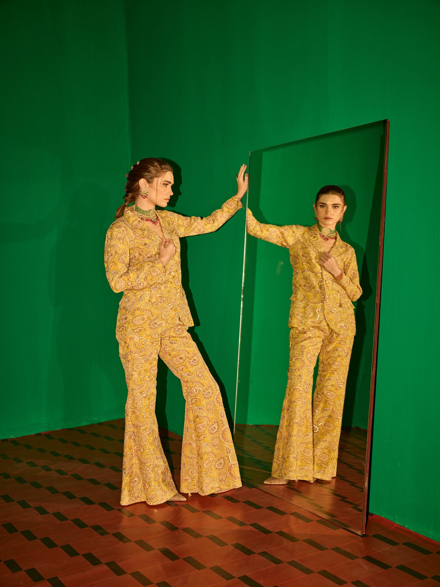 YELLOW MULTI COLOR EMBROIDERED BLAZER SET