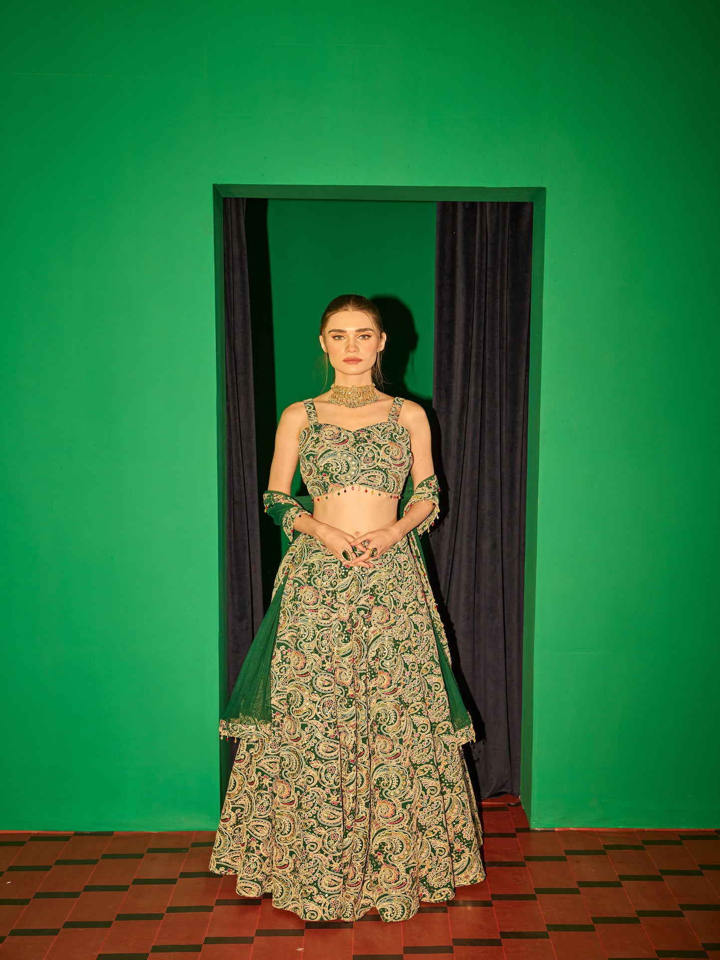 GREEN MULTI COLOR EMBROIDERED LEHENGA SET