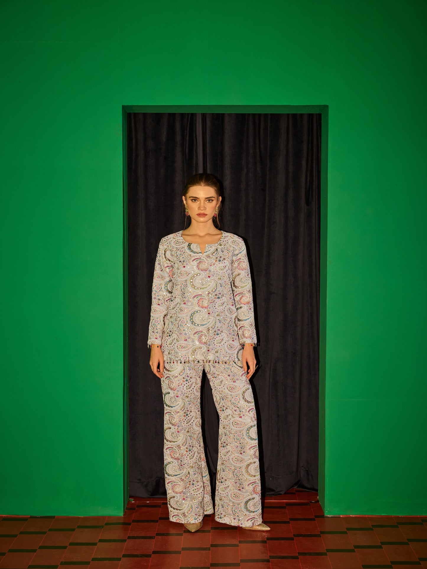 GREY MULTI COLOR EMBROIDERED COORD SET