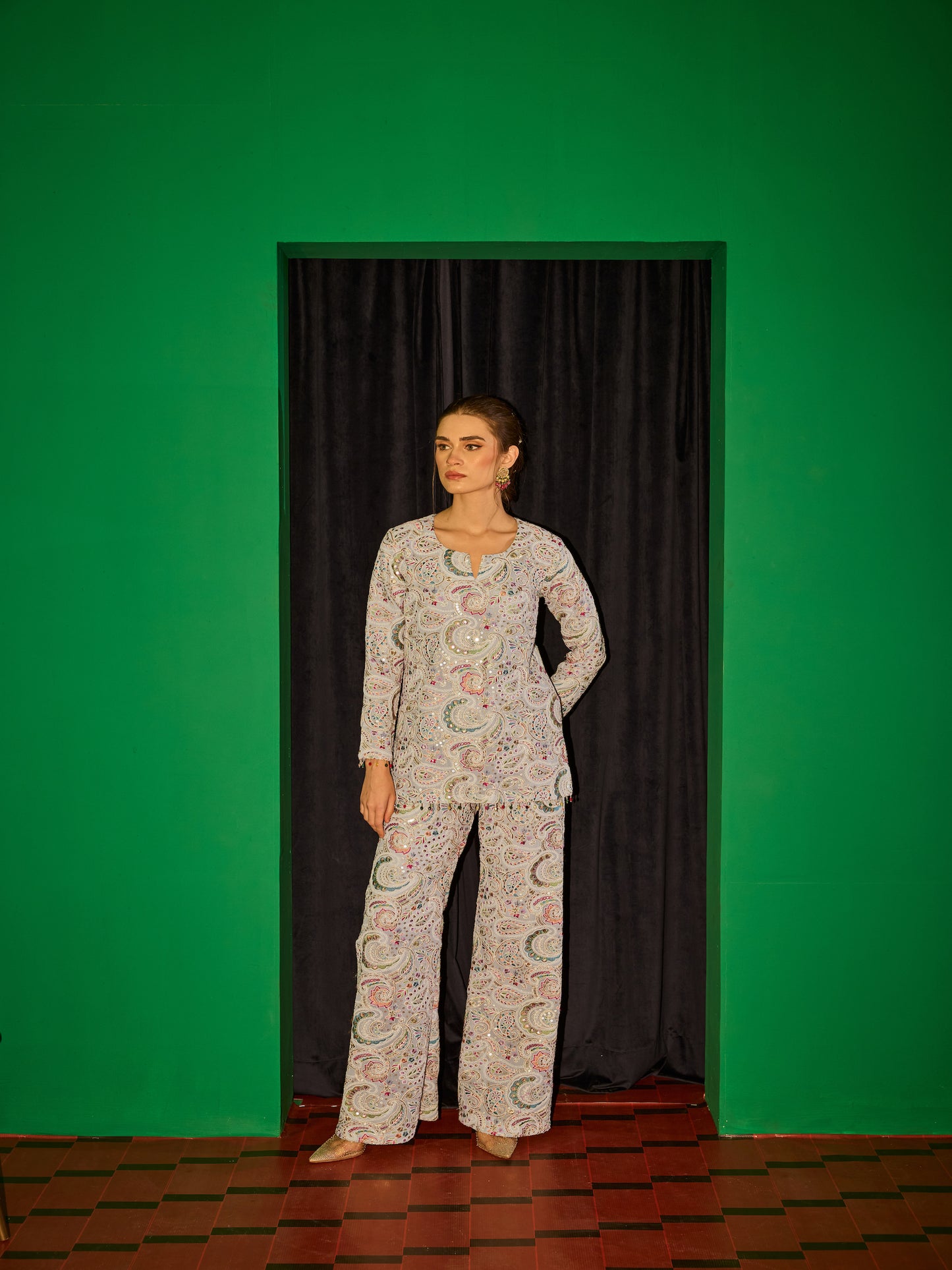 GREY MULTI COLOR EMBROIDERED COORD SET