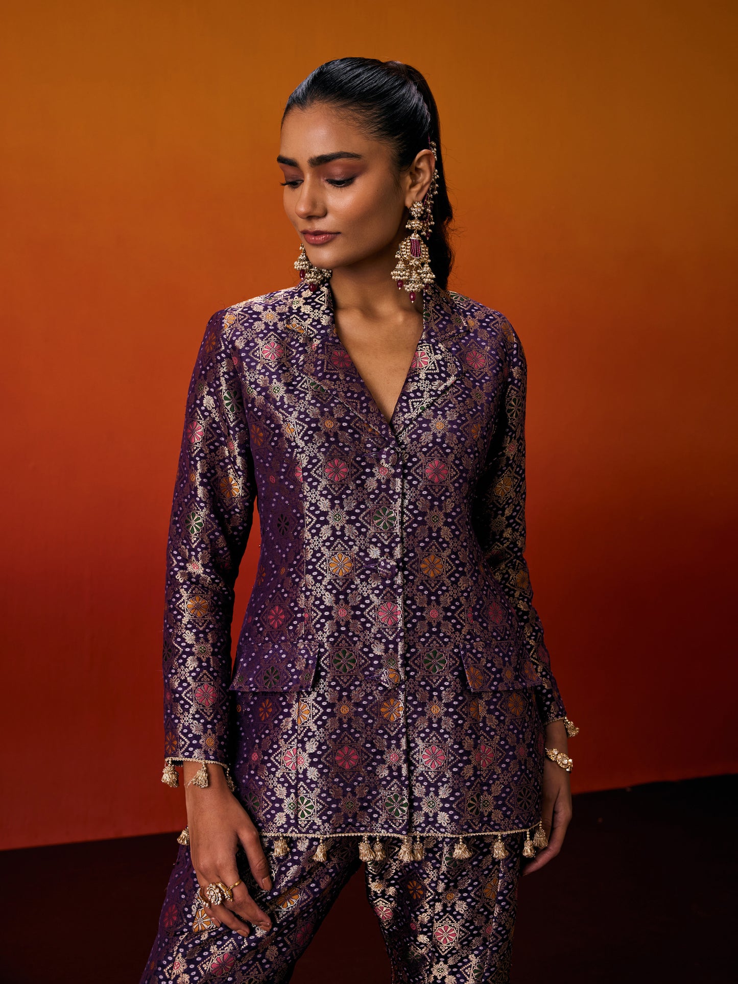 PURPLE BROCADE BLAZER SET