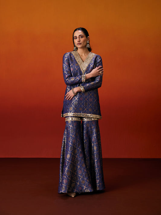 BLUE BROCADE SHARARA SET