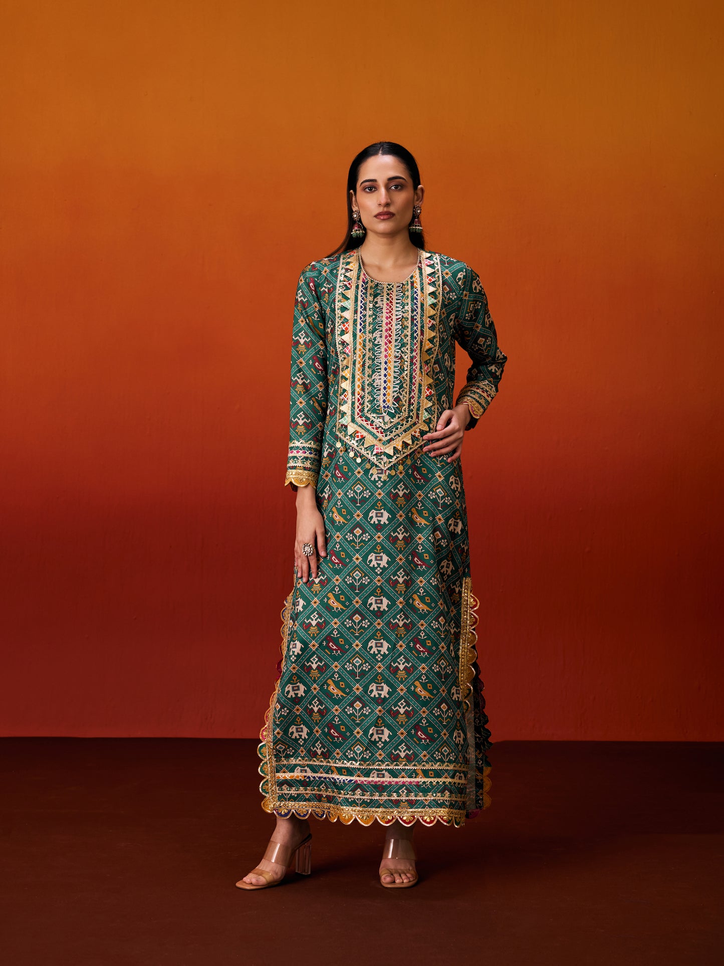 GREEN LONG PATOLA KAFTAN