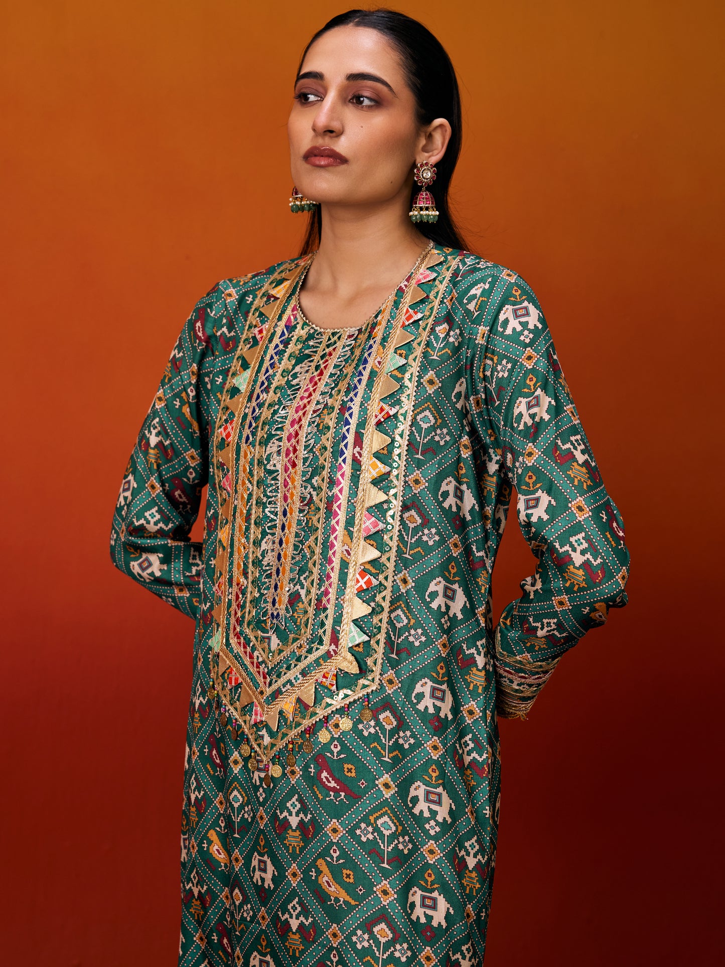 GREEN LONG PATOLA KAFTAN