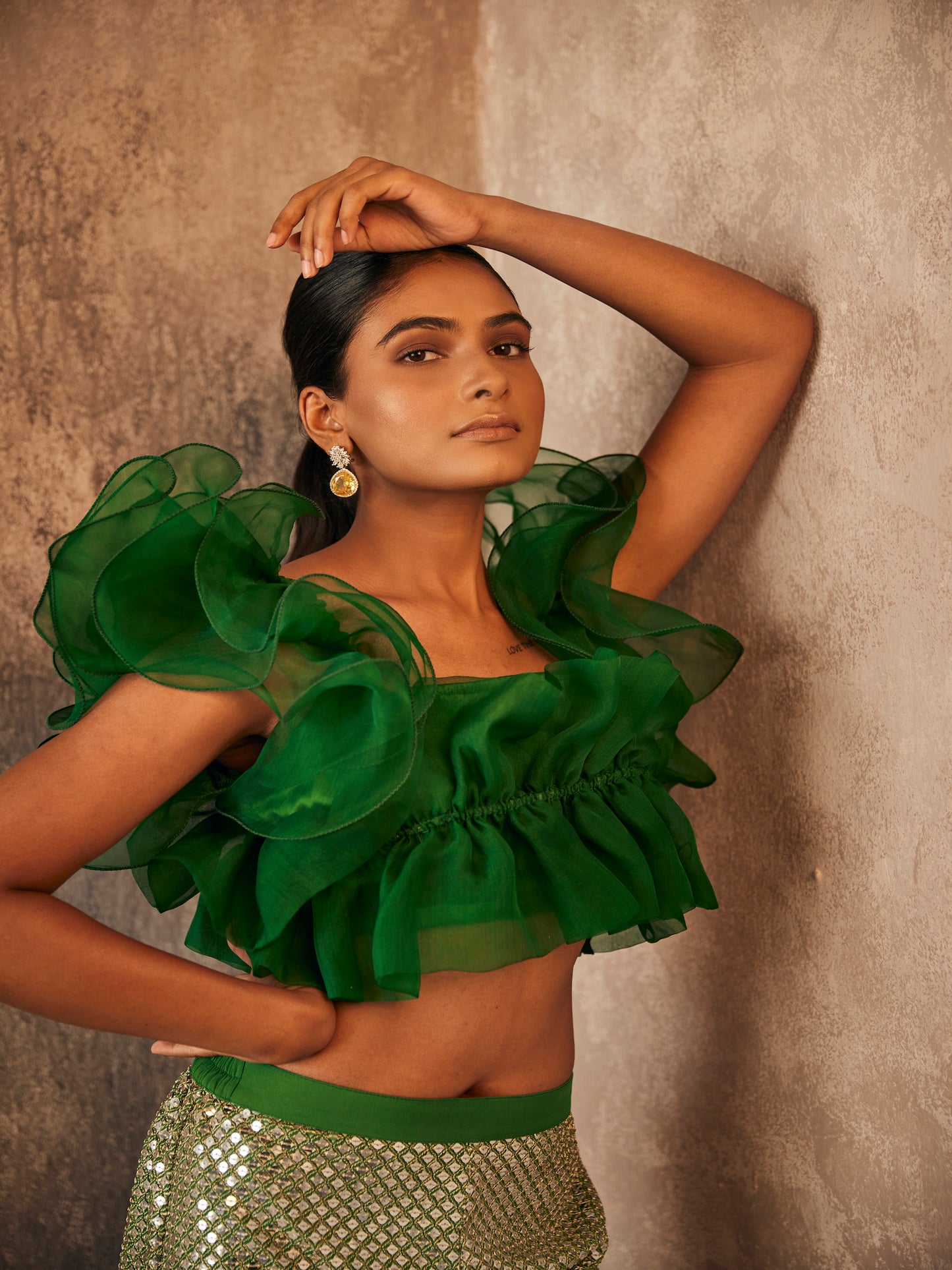 GREEN RUFFLE BLOUSE COORD SET