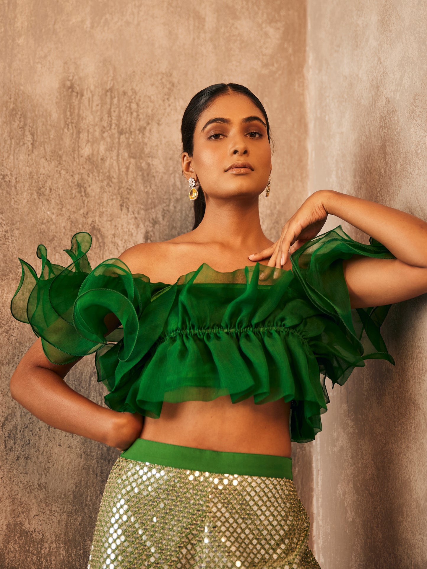 GREEN RUFFLE BLOUSE COORD SET