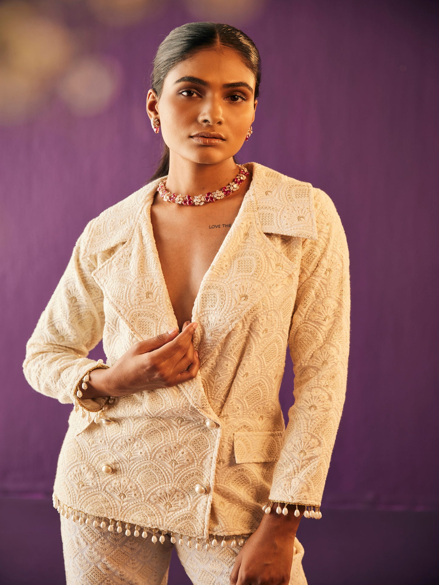 IVORY THREAD WORK DOUBLE BREAST BLAZER SET