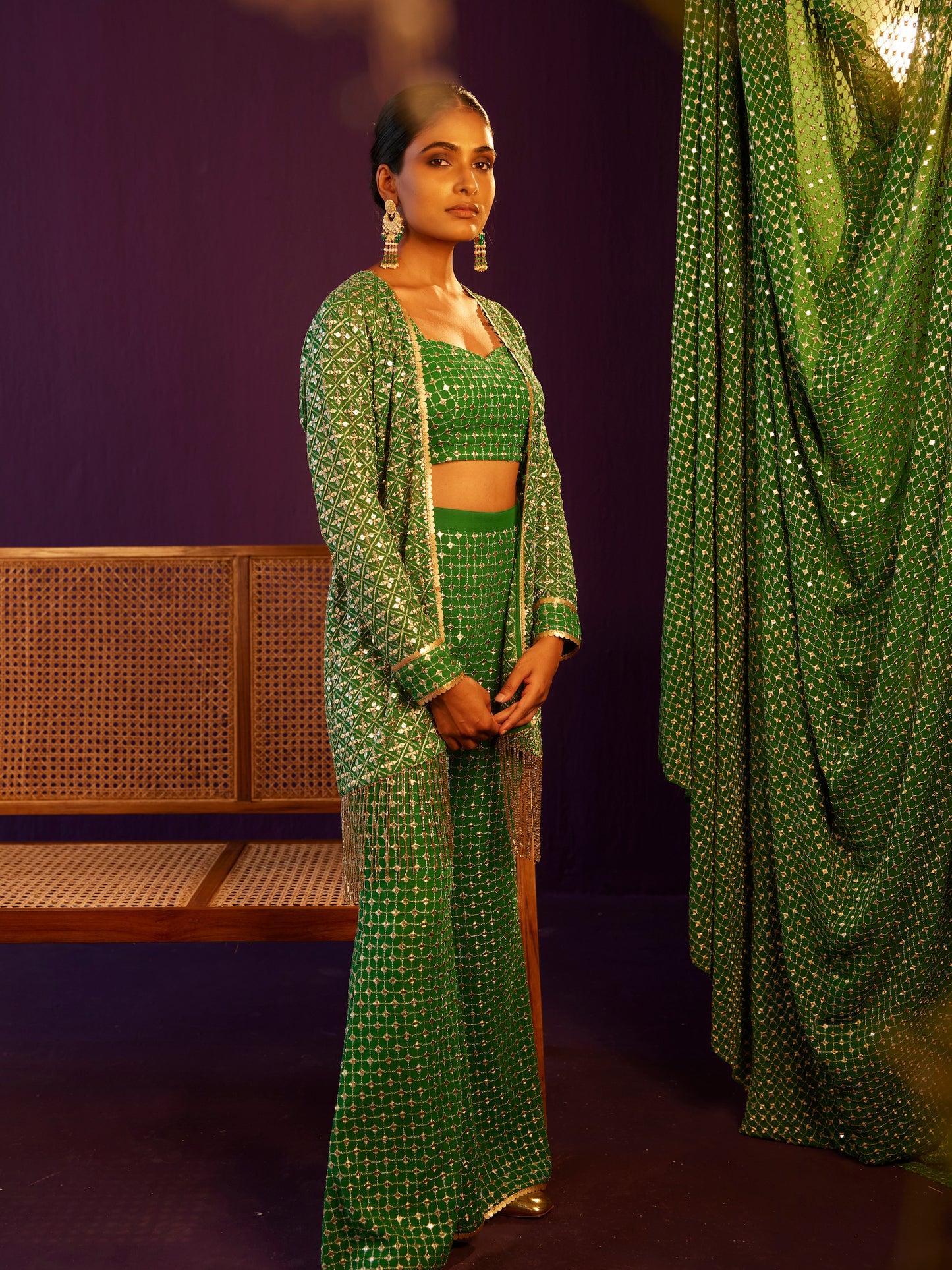 EMERALD GREEN ZARI & SEQUIN 3 PIECE SET