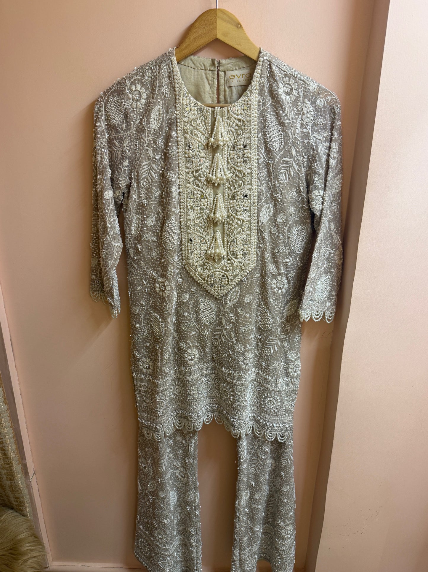 BEIGE LUCKNAWI PEARL WORK COORD SET
