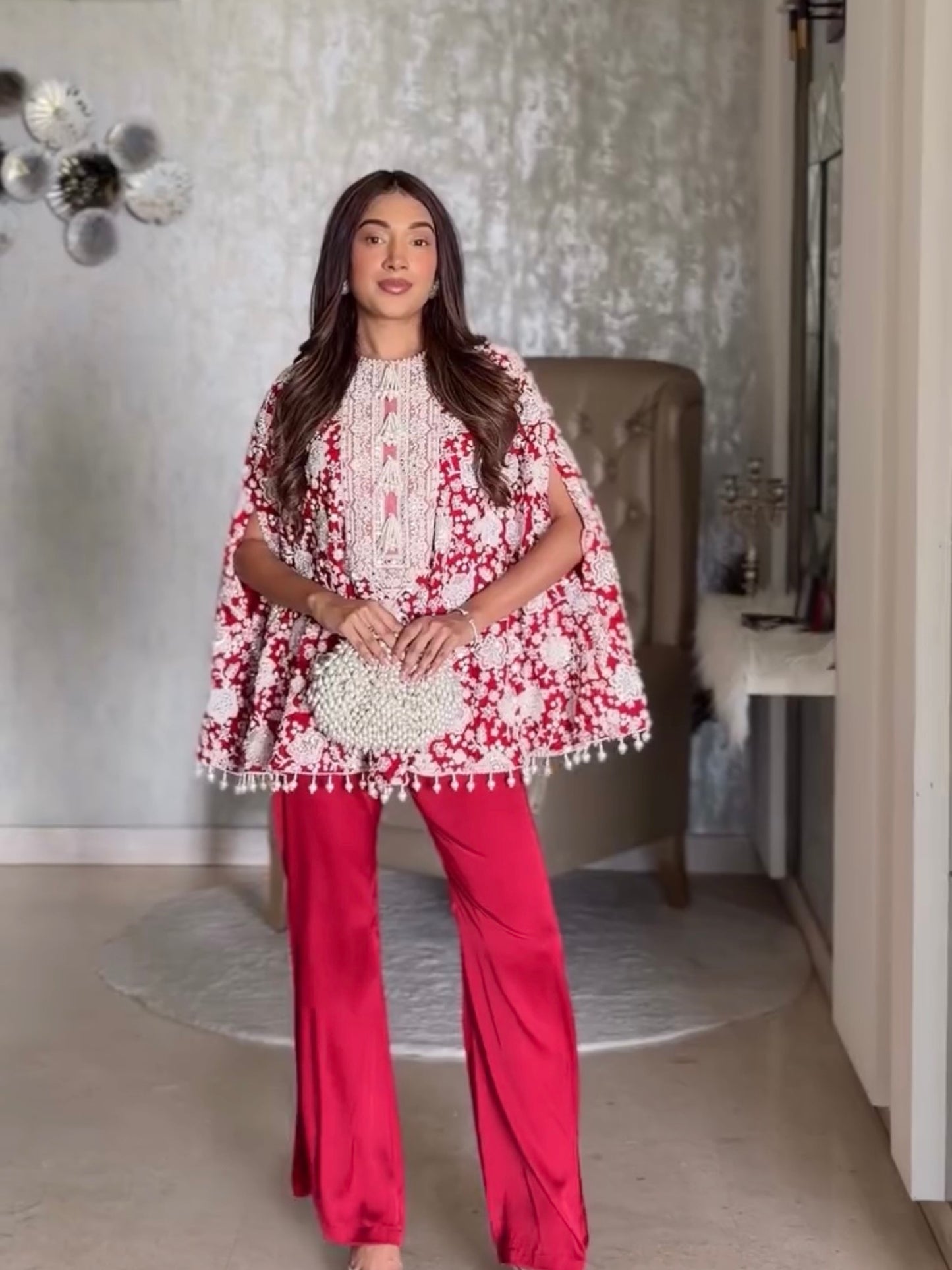 CIPIA ARTUL IN RED PEARL WORK CAPE SET WITH NECK EMBROIDERY