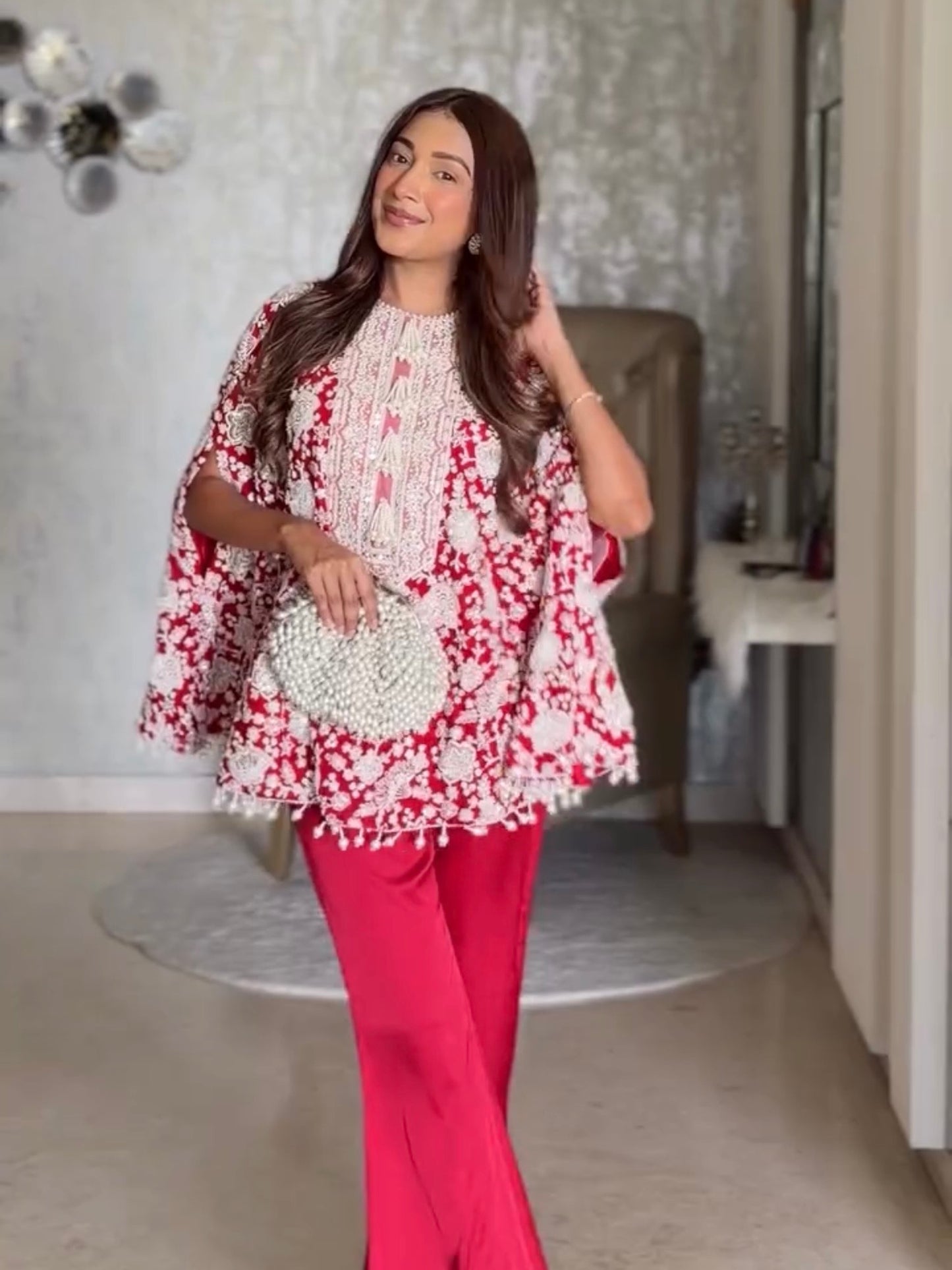 CIPIA ARTUL IN RED PEARL WORK CAPE SET WITH NECK EMBROIDERY