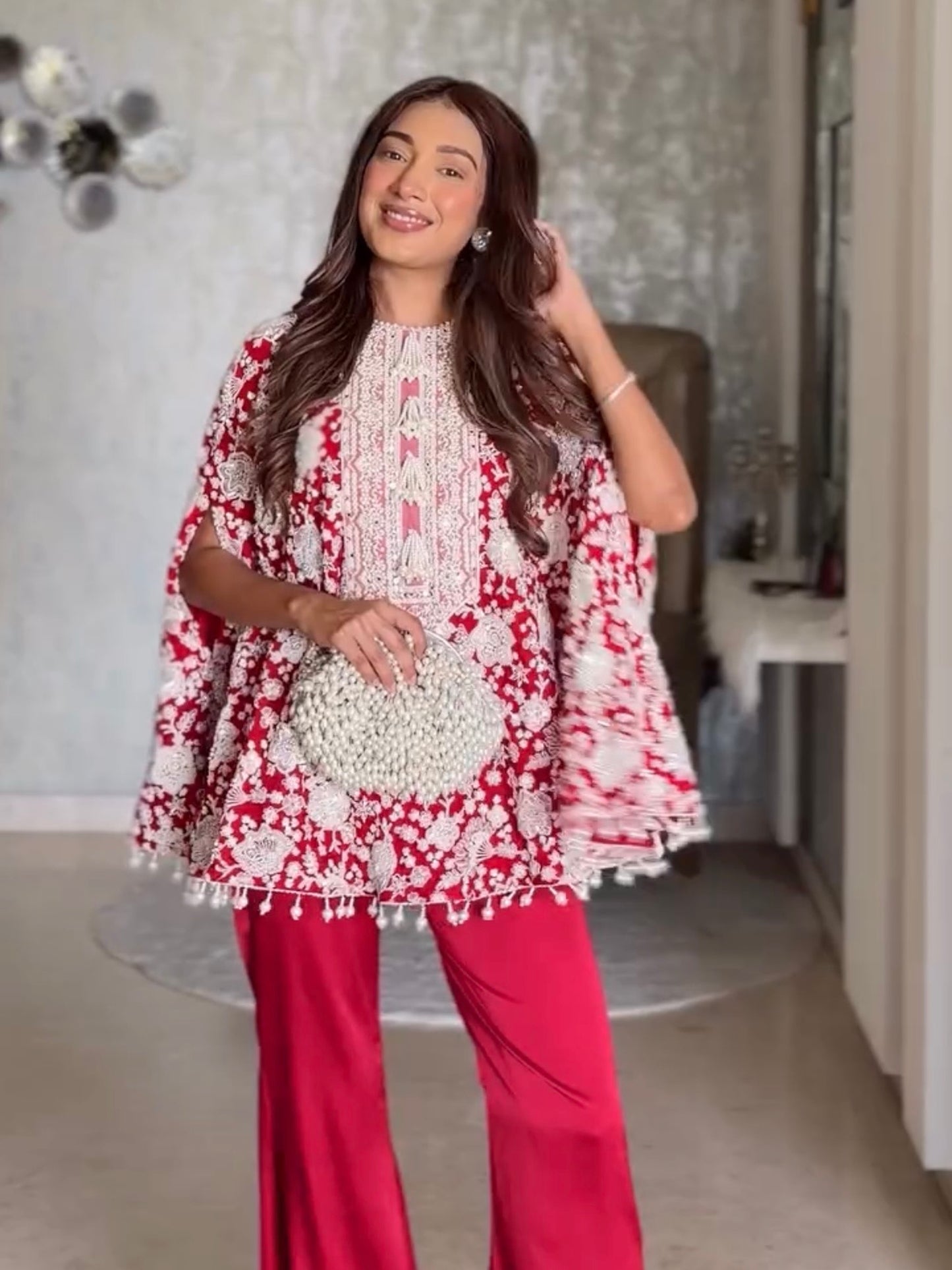 CIPIA ARTUL IN RED PEARL WORK CAPE SET WITH NECK EMBROIDERY