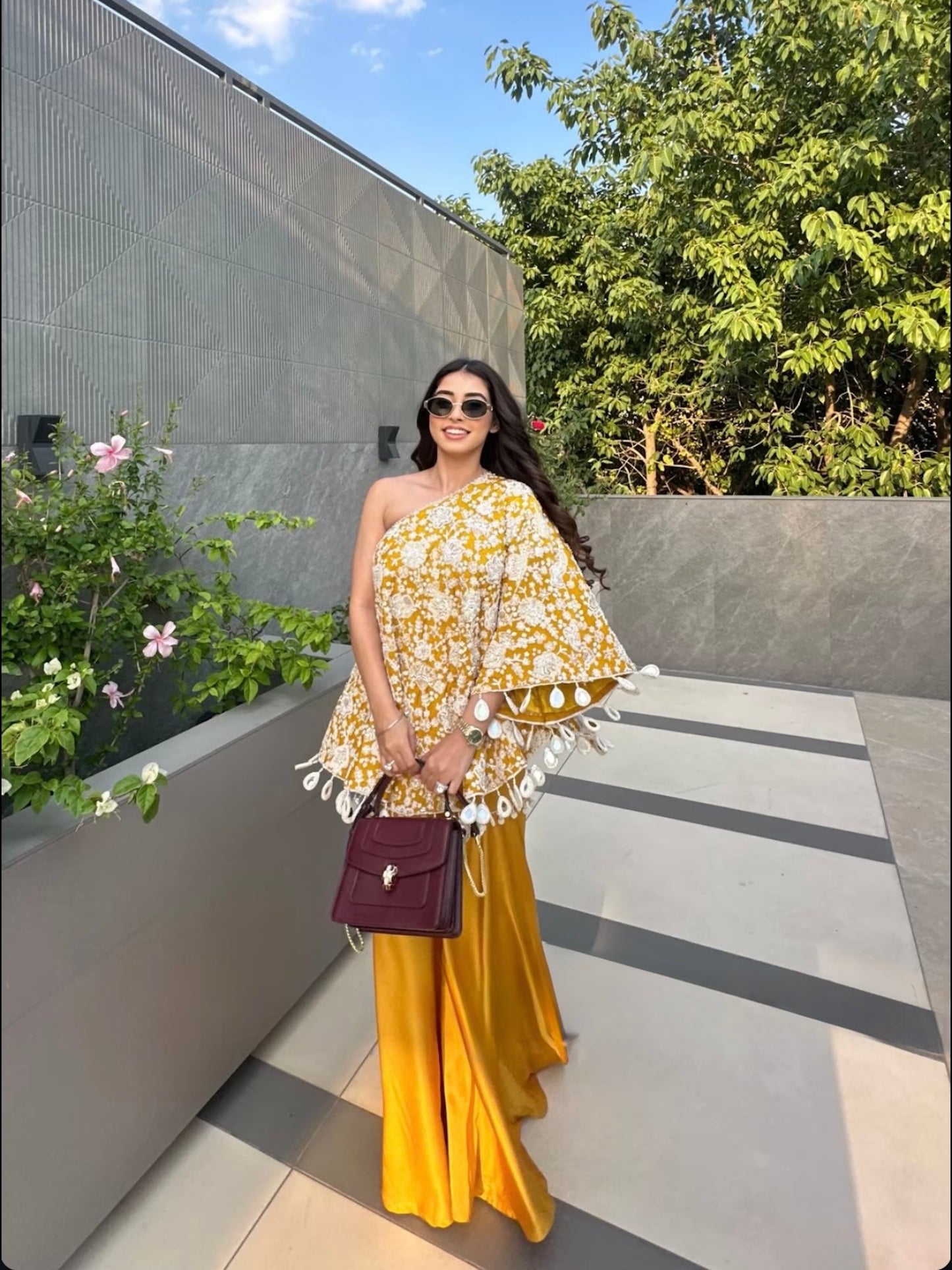 AASHNA VOHRA IN YELLOW PEARL WORK OFF SHOULDER CAPE SET
