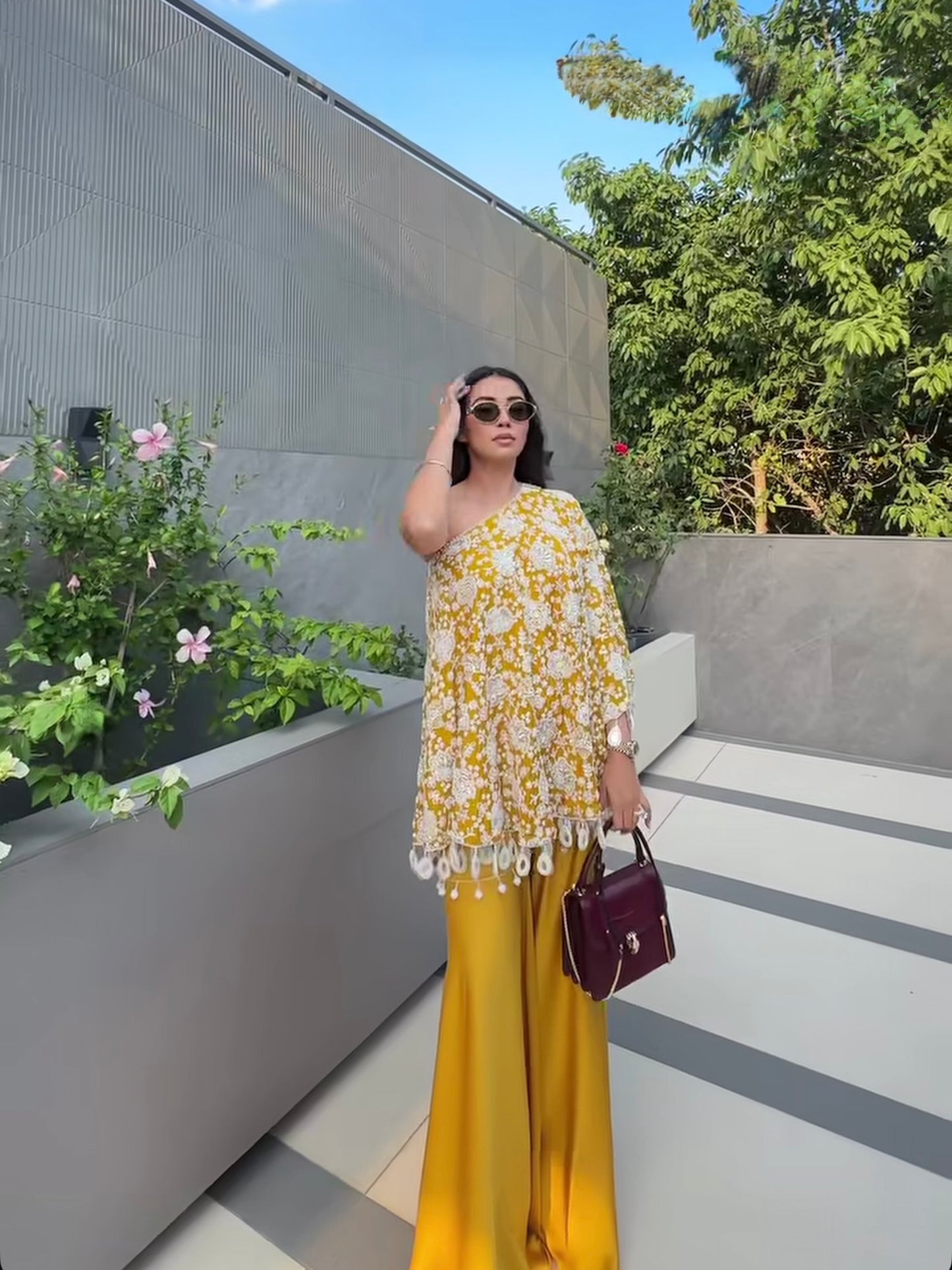 AASHNA VOHRA IN YELLOW PEARL WORK OFF SHOULDER CAPE SET