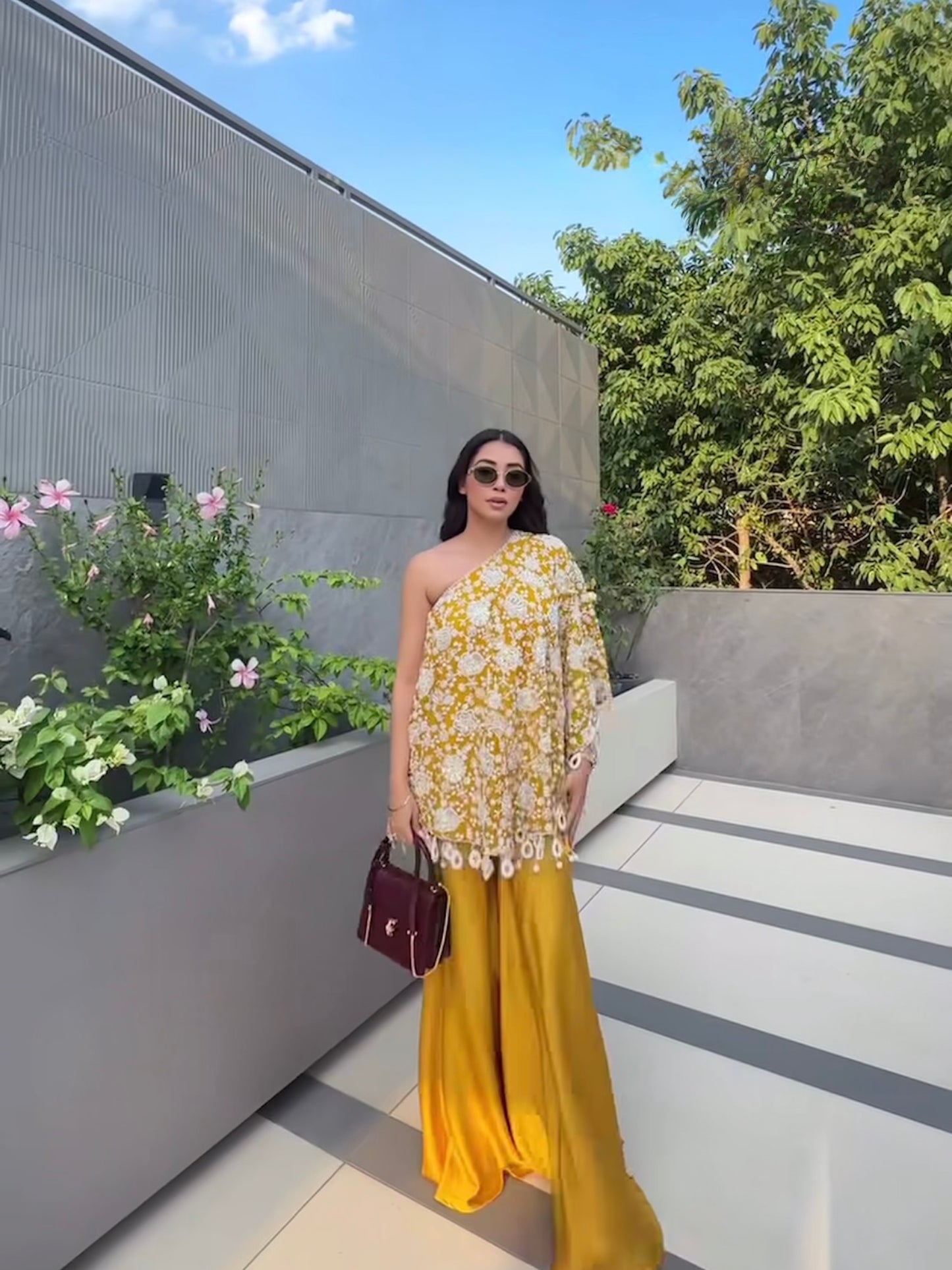 AASHNA VOHRA IN YELLOW PEARL WORK OFF SHOULDER CAPE SET