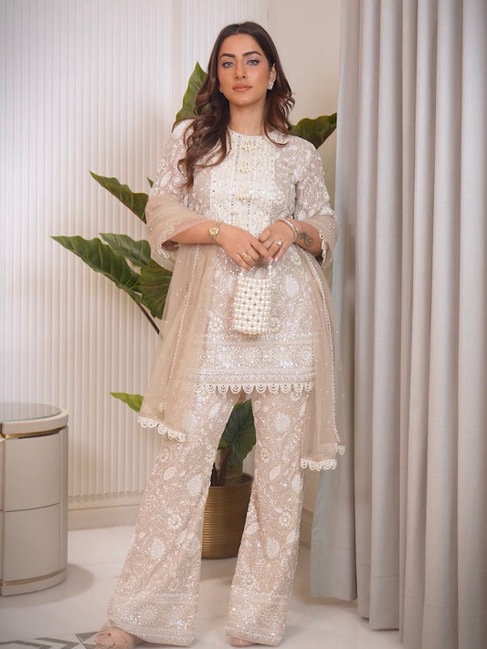 KULVIR KAUR IN BEIGE LUCKNAWI PEARL WORK COORD SET