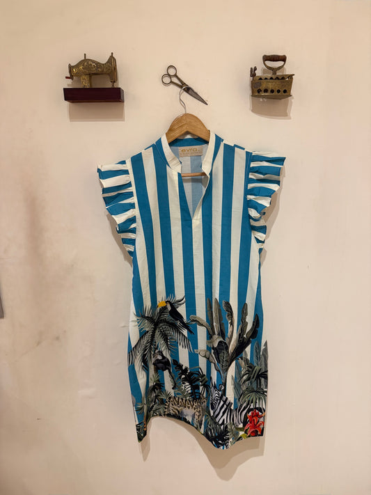 BLUE COTTON DRESS WITH FRILL SLEEVES