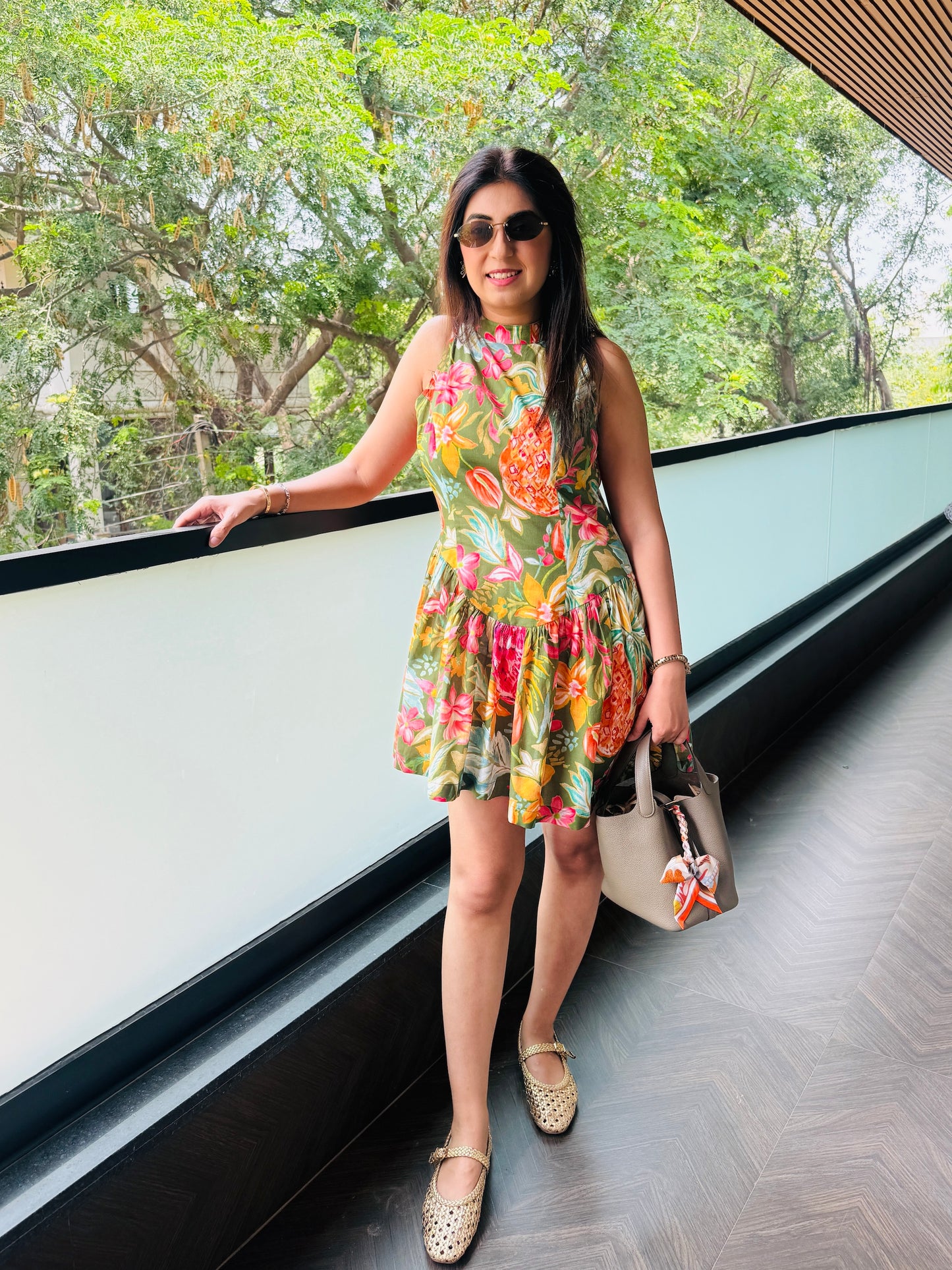 GREEN FLORAL PRINT COTTON DRESS