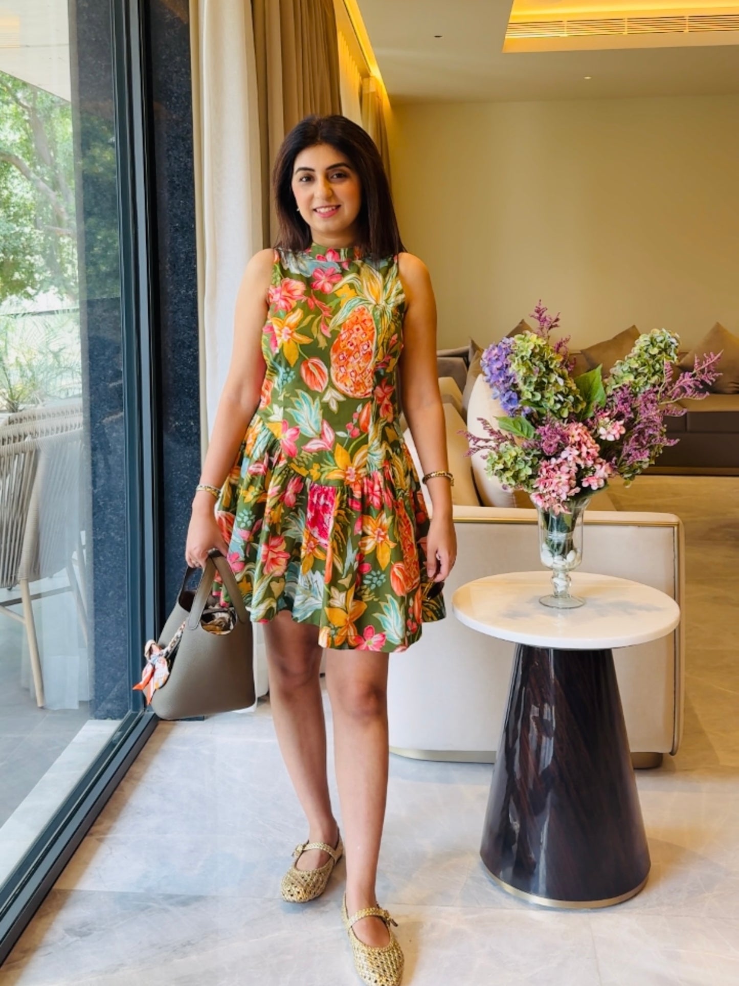 GREEN FLORAL PRINT COTTON DRESS