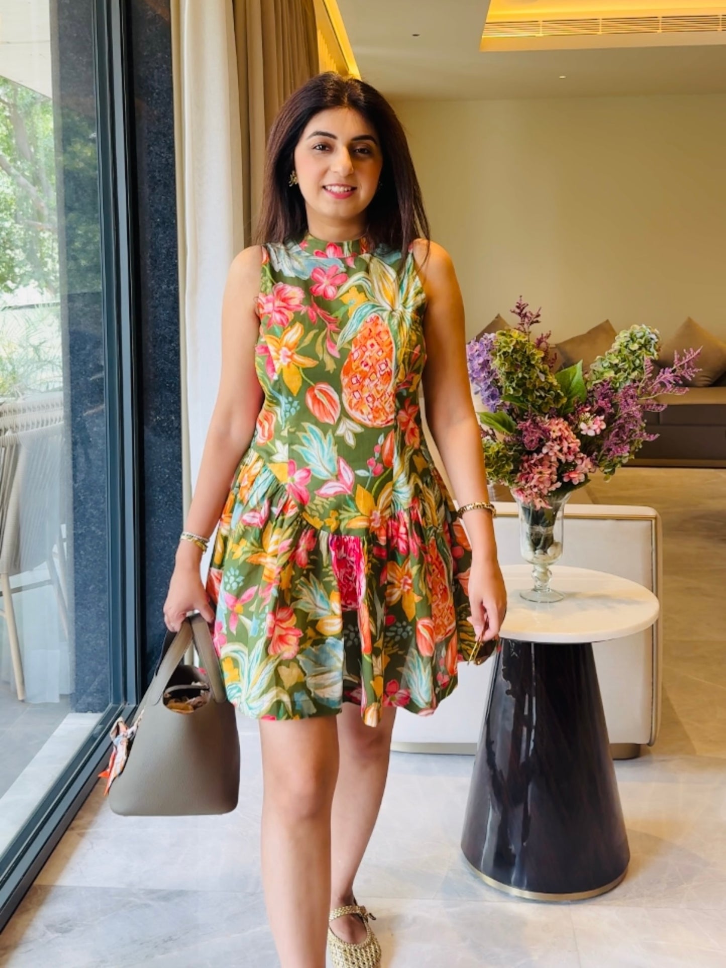 GREEN FLORAL PRINT COTTON DRESS