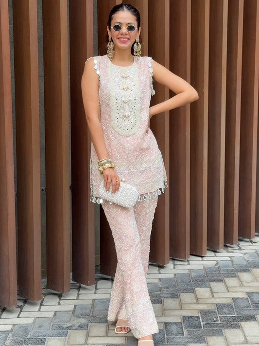 SNEHA ADWANI IN PINK LUCKNAWI PEARL WORK COORD SET
